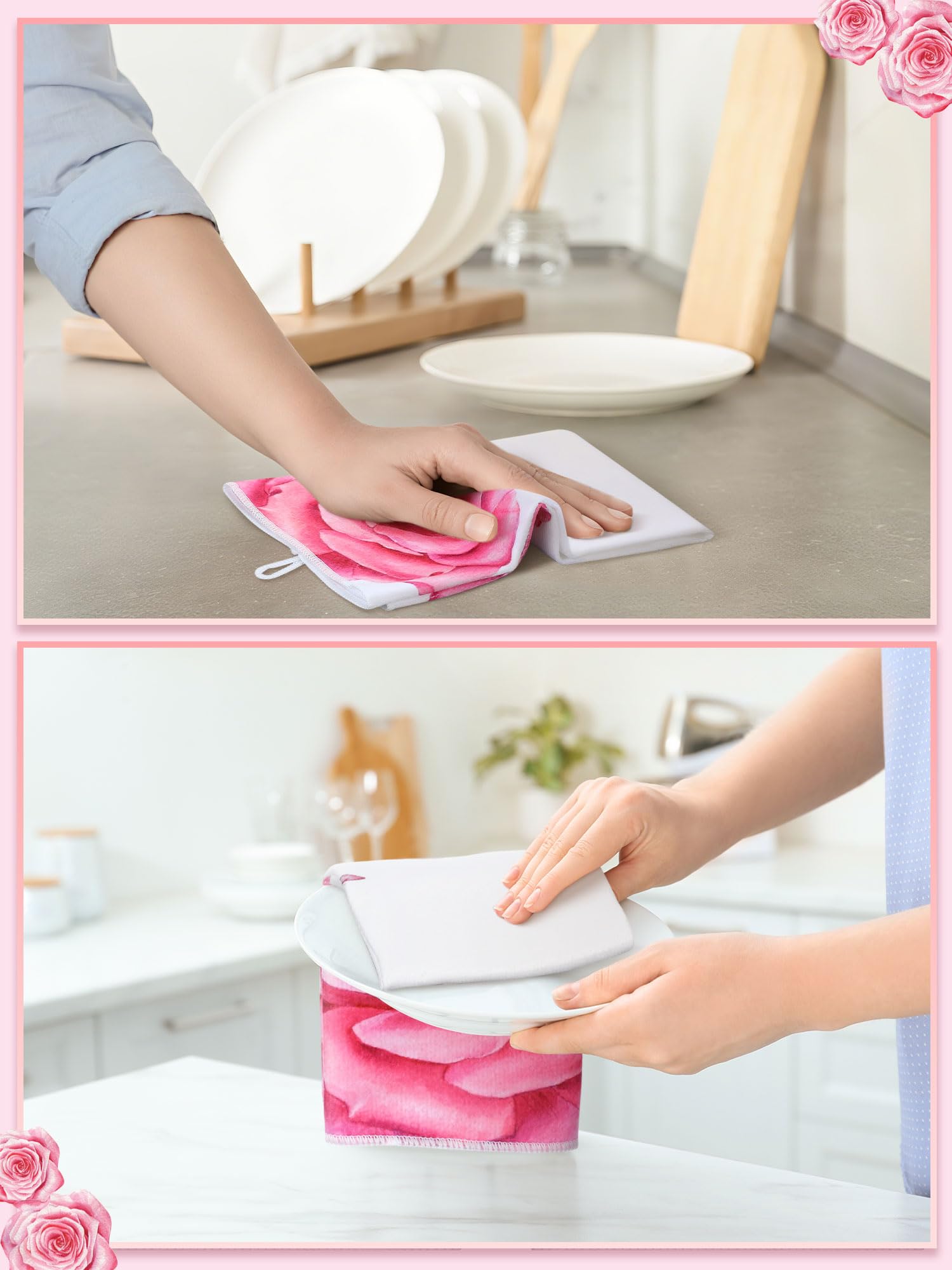 Bencailor 4 Pcs Pink Rose Kitchen Towels Flower Floral Hand Dish Towels Pink Buffalo Plaid Absorbent Dishcloth Fast Drying Decor