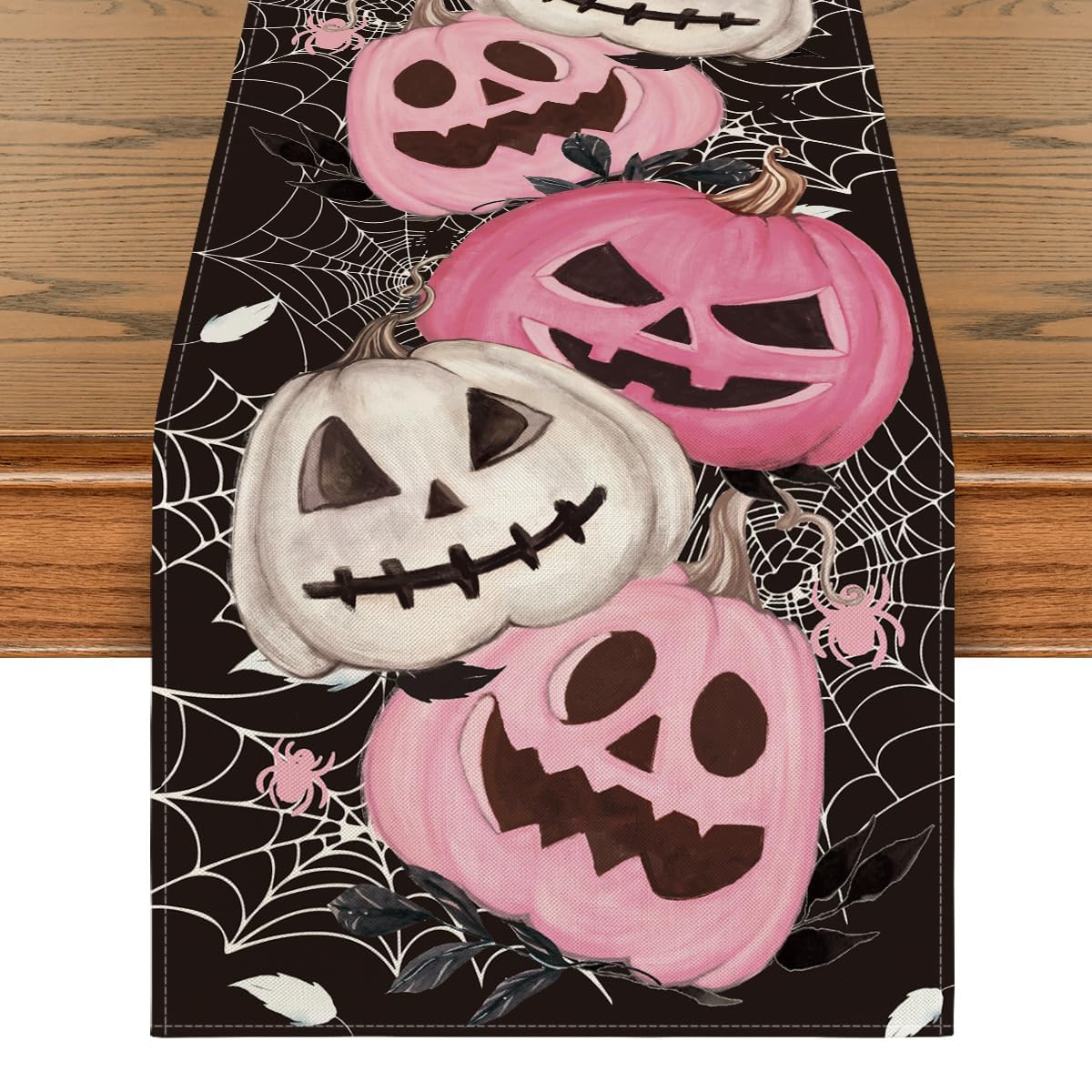 Artoid Mode Pink Pumpkins Spider Web Halloween Table Runner, Seasonal Fall Black Kitchen Dining Table Decoration For Home Party