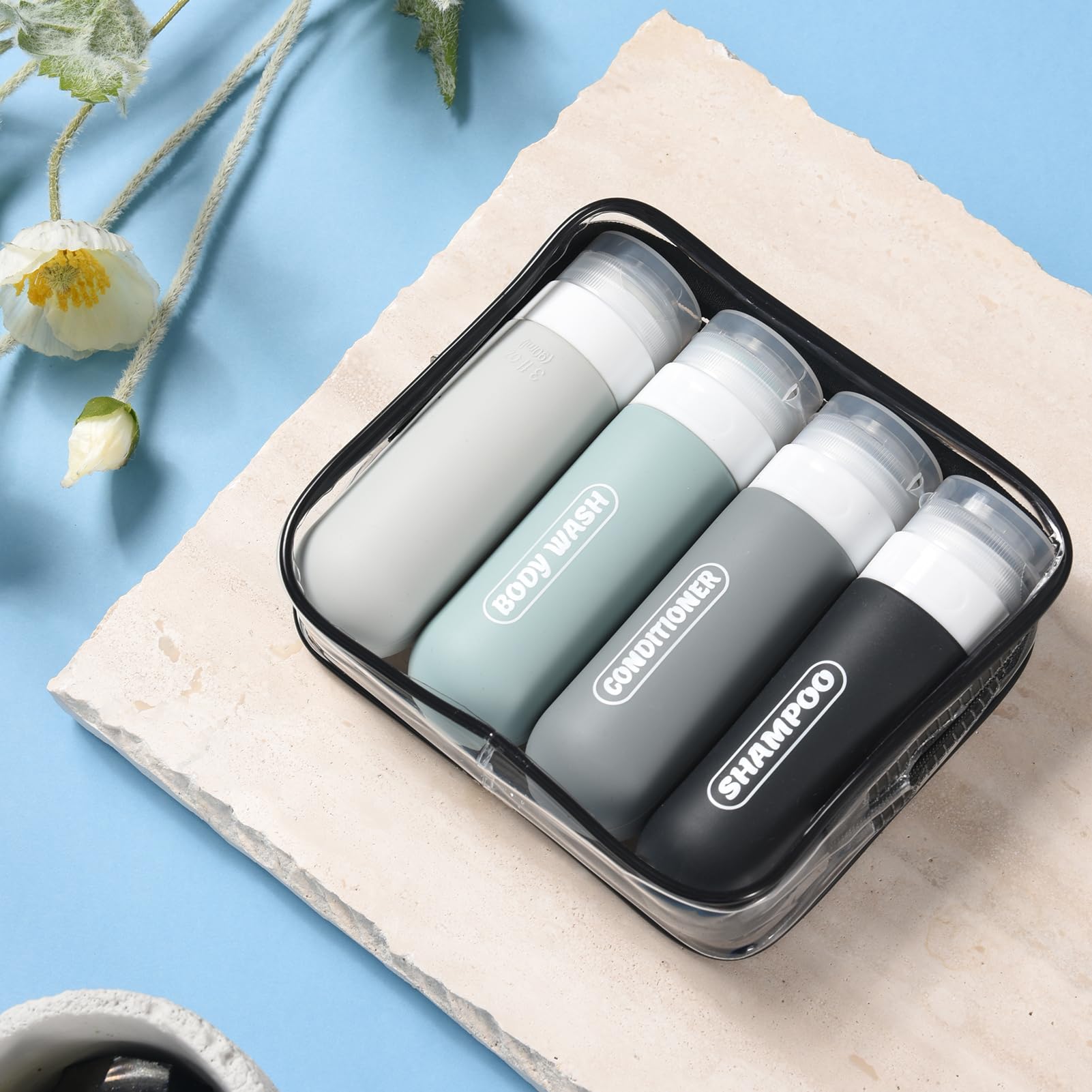 Silicone Travel Bottles For Toiletries With Labels, 3Oz Tsa Approved Squeezable Travel Size Containers, Leak Proof Travel Shampo