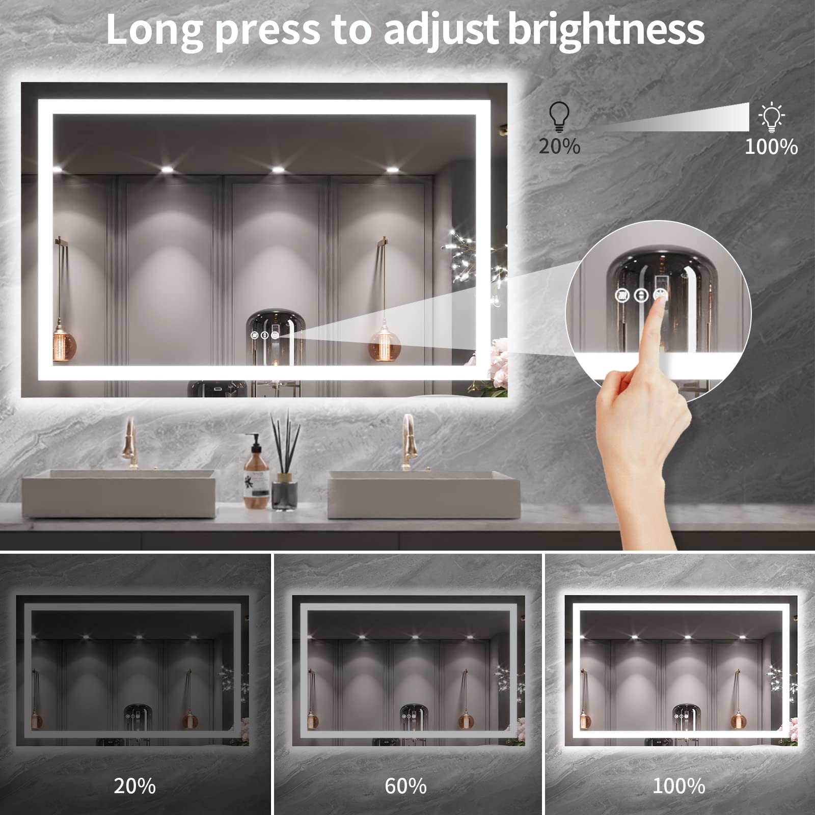Loaao 55X36 Led Bathroom Mirror With Lights, Anti-Fog, Dimmable, Backlit + Front Lit, Lighted Bathroom Vanity Mirror For Wall, M