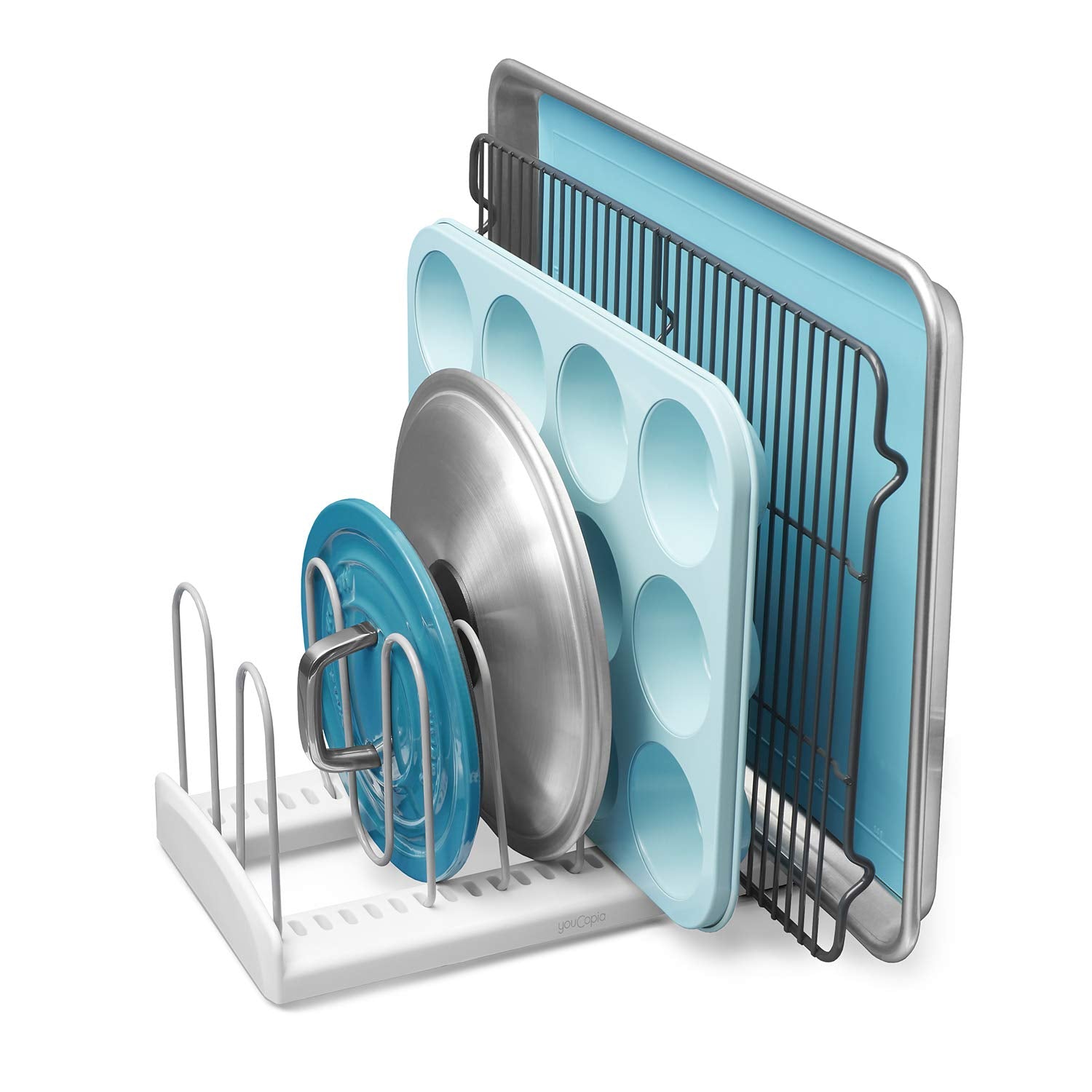 Youcopia Storemore Adjustable Pan And Lid Rack, Pot Lids And Pans Organizer For Kitchen Cabinet Storage, Standard, White