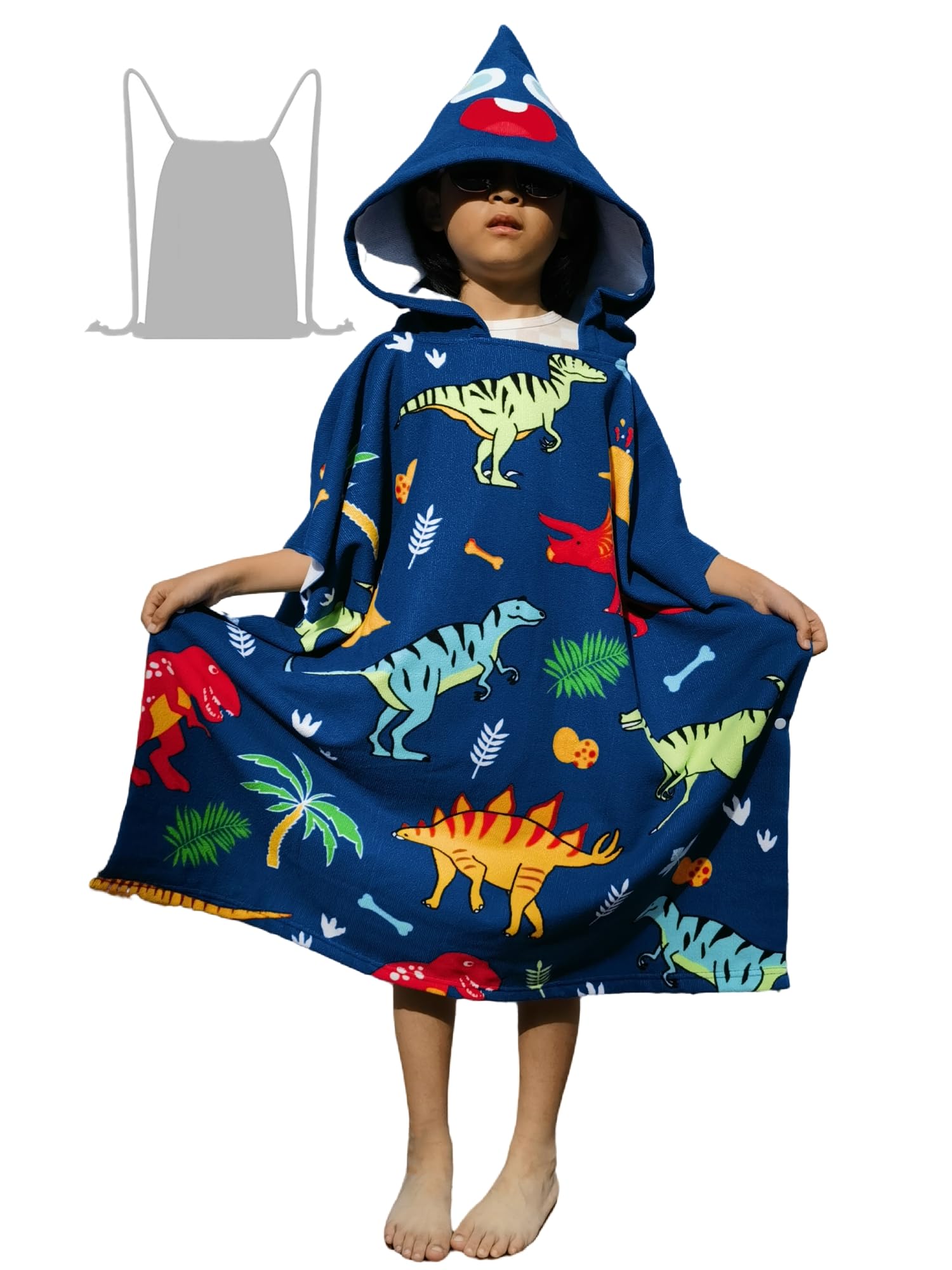 Athaelay Soft Swim Cover-Ups For 3 To 10 Years Old Kids Hooded Bath Beach Poncho Towels With Drawstring Bag (Dinos, Fits 3-10 Ye
