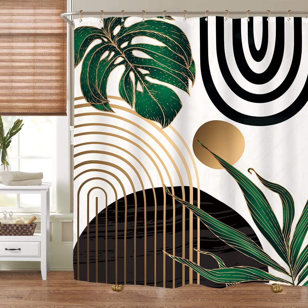 Miyotaa Abstract Emerald Green Shower Curtain Set 71Wx71H Inches Mid Century Modern Minimalist Tropical Leaves Geometric Contemp