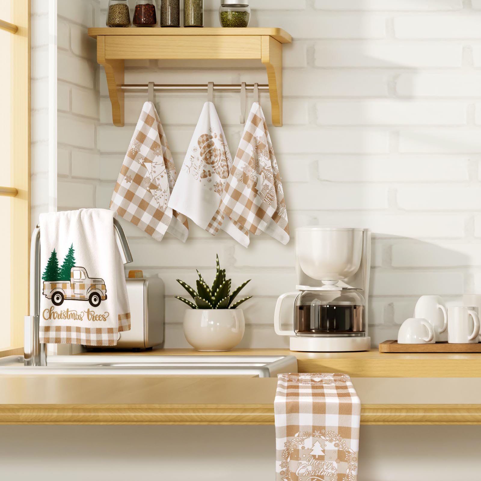 Sratte 6 Pcs Christmas Kitchen Towels Neutral Brown White Buffalo Plaid Dishtowels Absorbent Vintage Winter Bathroom Hand Towels