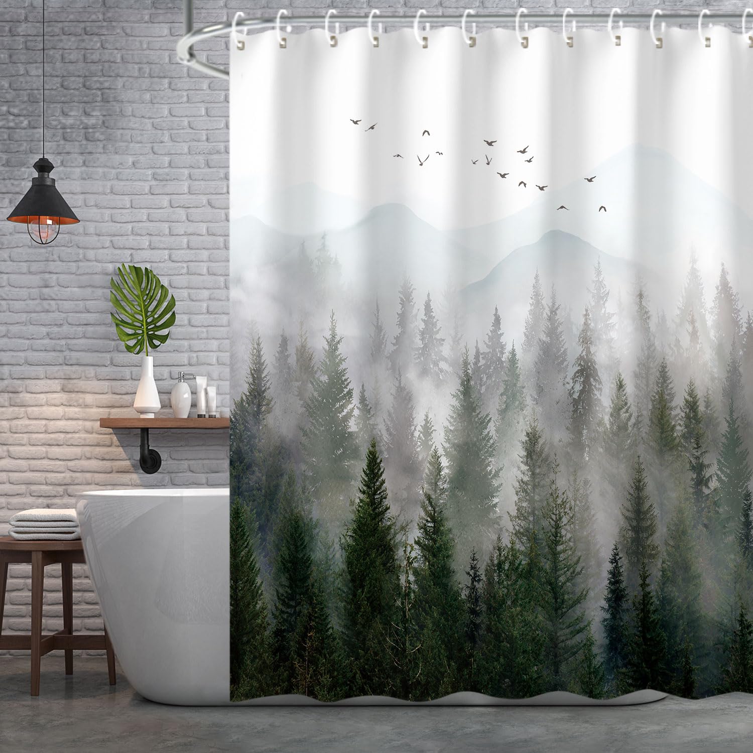 RosieLily Mountain Shower Curtain Misty Forest Tree Foggy Shower Curtain for Bathroom with Hooks Cool Nature Scenery Landscape Bathtub Decor 84 inch Design Art Shower Curtain Waterproof Fabric