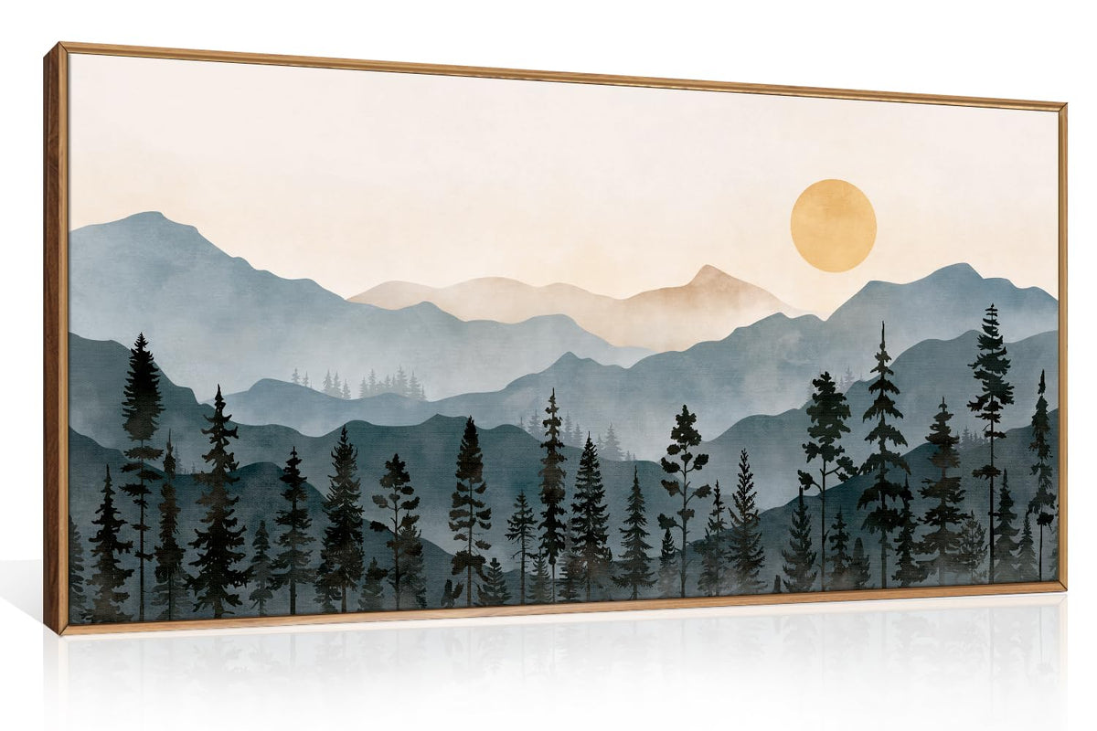 Lhiuem Boho Mountain Framed Canvas Wall Art Set,Forest Pine Tree Wall Decor,Nature Sunrise Wilderness Landscape Art Painting For