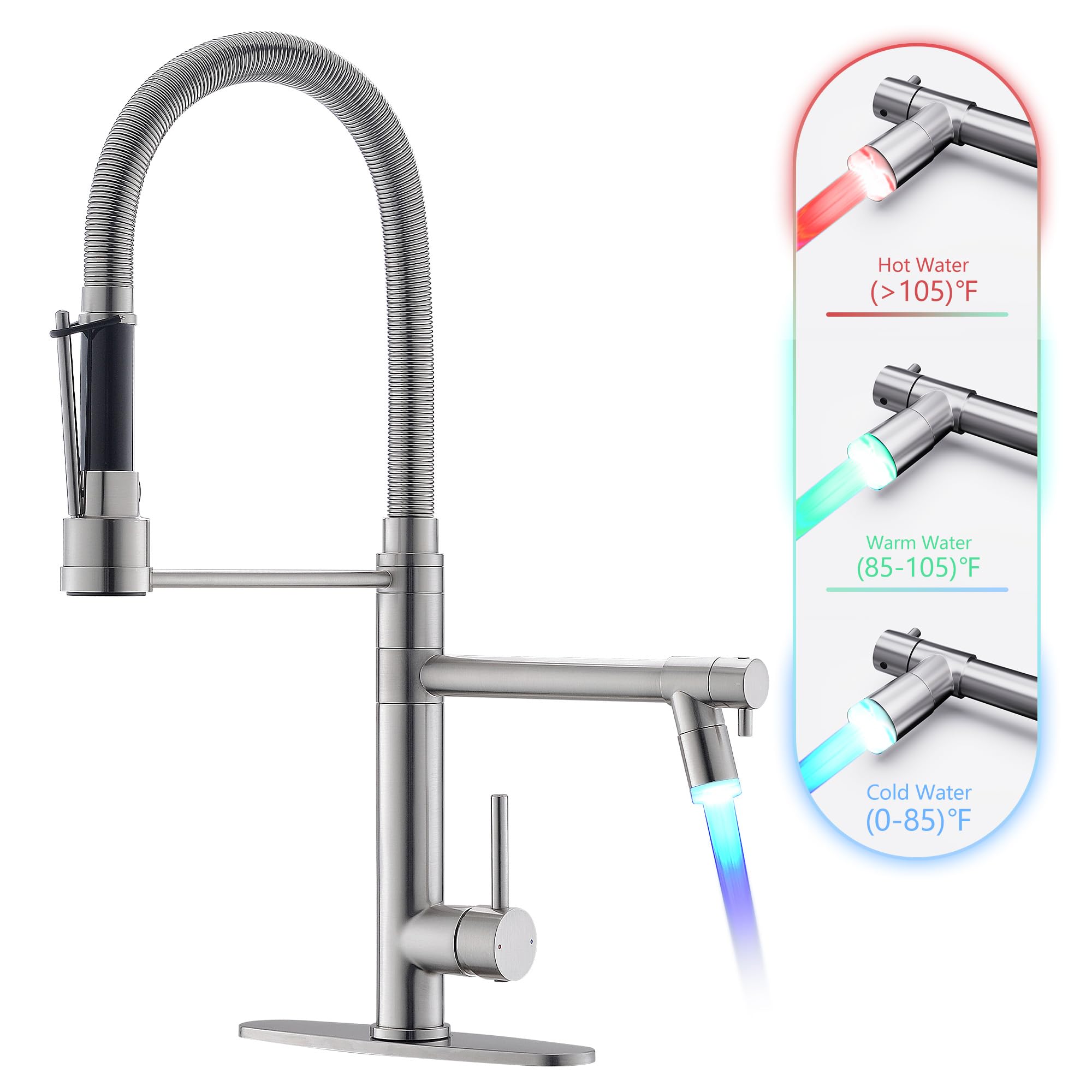 Gimili Kitchen Faucet With Pull Down Sprayer Commercial Kitchen Faucet With Led Double-Headed Single Handle Spring Stainless Ste