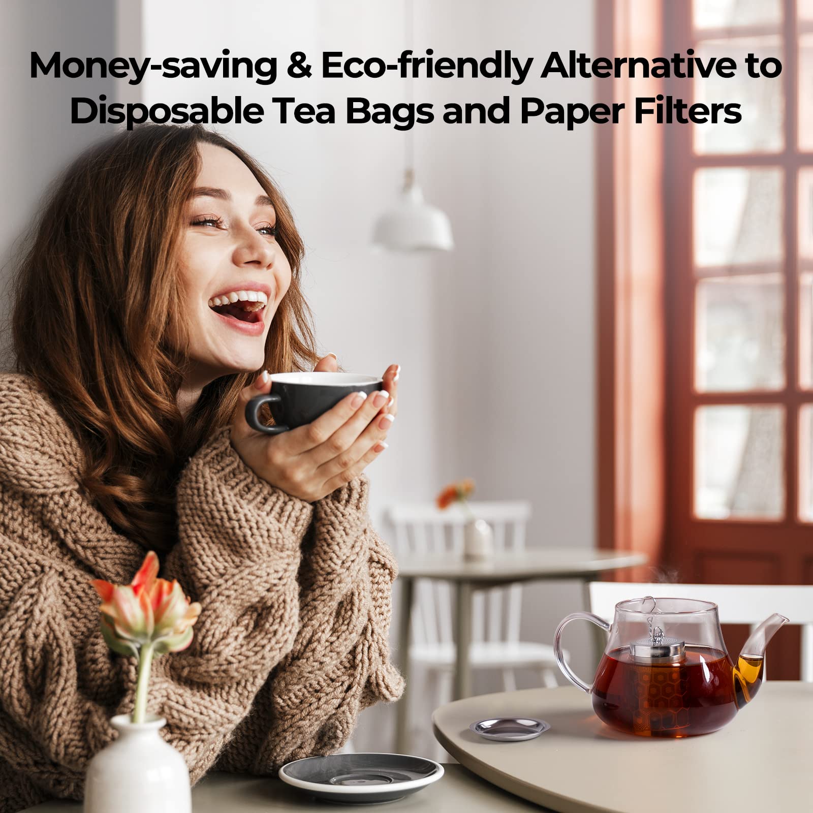 Reinmoson Tea Strainers For Loose Tea, Extra Fine Mesh Tea Infuser, 304 Stainless Steel & Updated Slim Threaded Lid, Loose Leaf