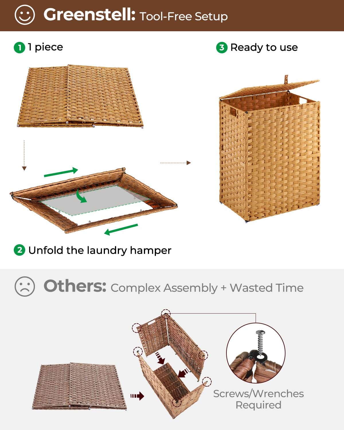 Greenstell Laundry Hamper No Install Needed  Divided Clothes Hamper with 2 Removable Liner Bags  90L Handwoven Synthetic Rattan Laundry Basket with Lid and Handles  Foldable Natural