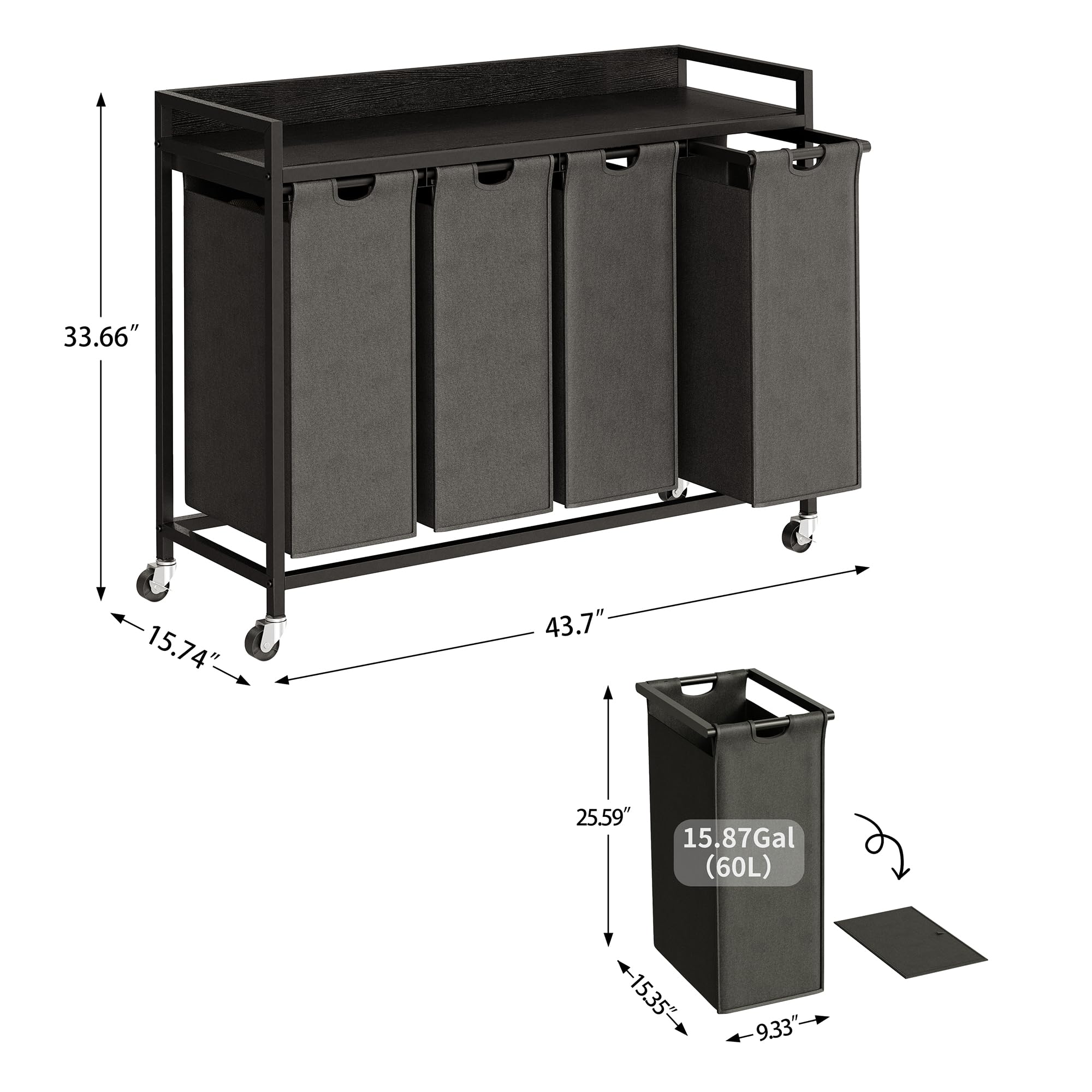 Herture Laundry Hamper With Shelf, Laundry Basket 4 Section, Laundry Sorter With Pull-Out Removable Large Bags And Movable Wheel