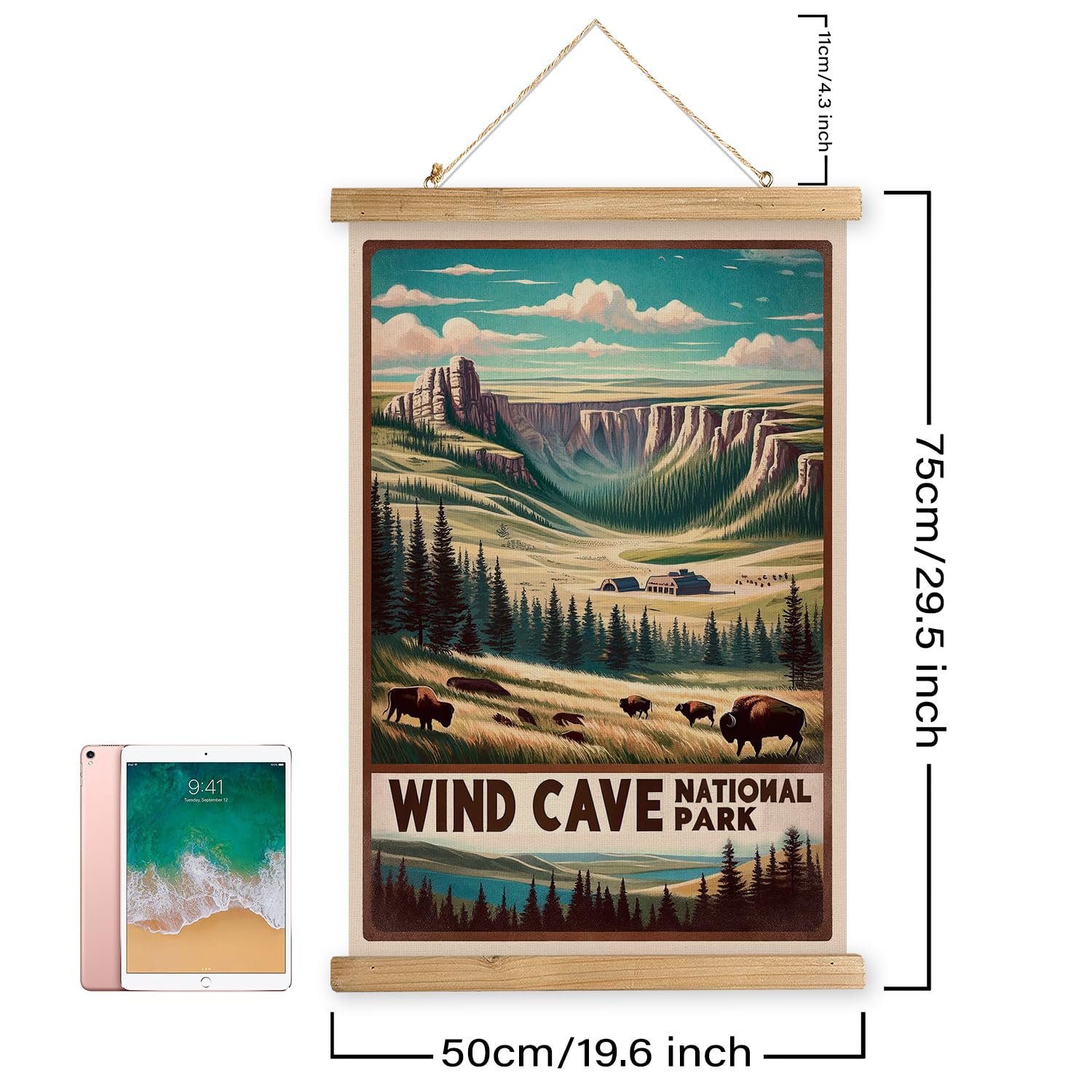 Xiaoaika Vintage Wind Cave National Park Travel Poster With Wooden Scroll Frame - Living Room, Bedroom, Home, Office Retro Art P