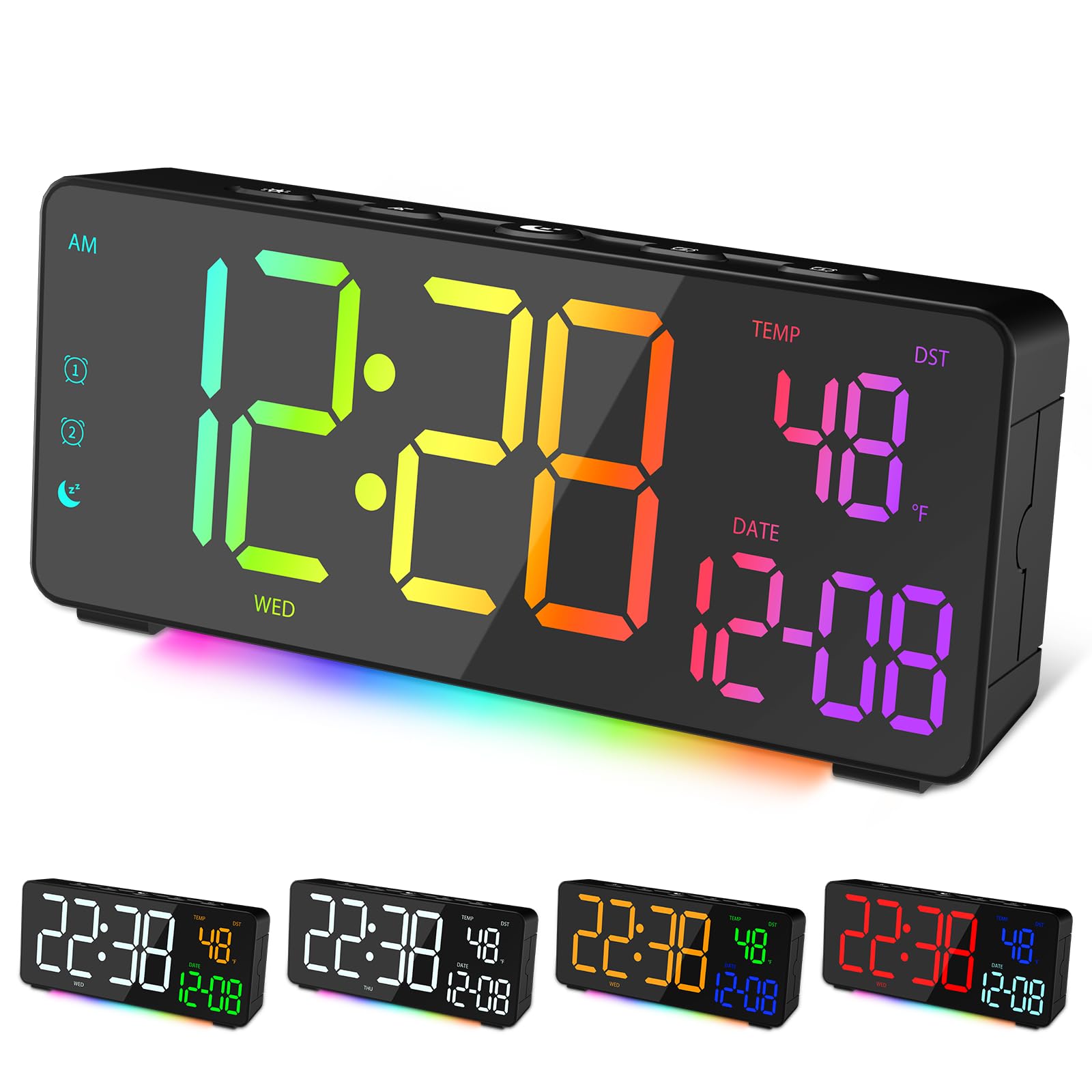EVILTO Digital Alarm Clocks for Bedrooms, RGB Desk Clock with 15 Color Display, Date Temperature and Weekday, DST, Snooze, 2 Ala