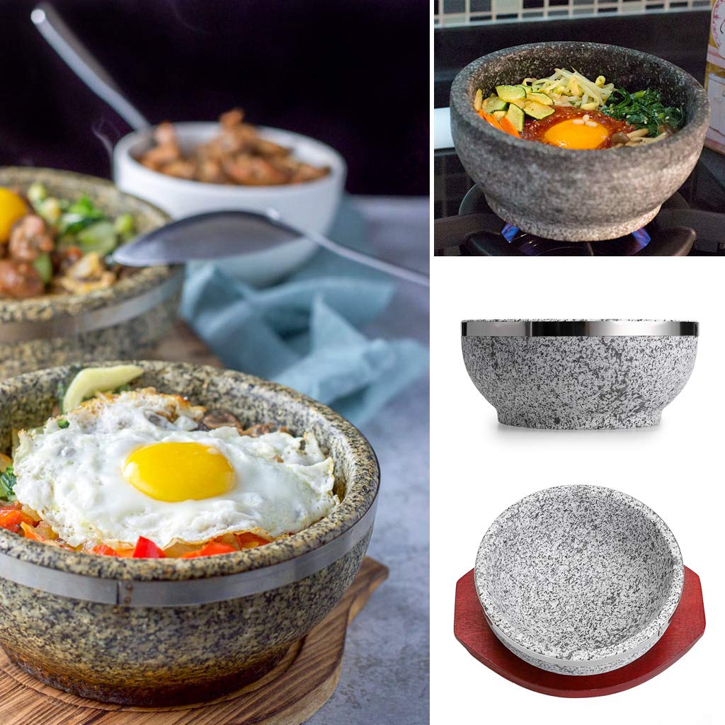 Mdluu 2 Pcs Dolsot Bibimbap Bowl 32 Oz, Granite Stone Bowl With Wood Base, Dolsot Pot For Korean Soup, Rice And Stew