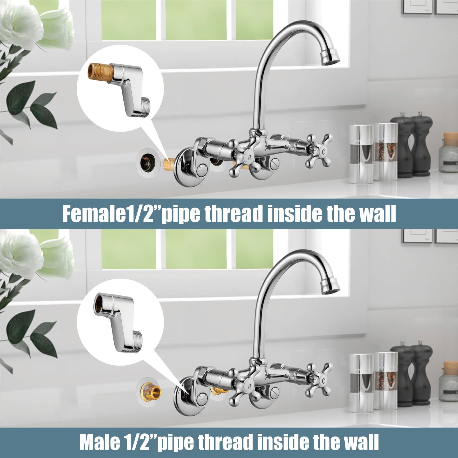 Aolemi Wall Mount Kitchen Faucet 6 Inch Center With Swivel Spout Adjustable Spread 2 Cross Handle Basin Sink Mixer Tap, Polish C