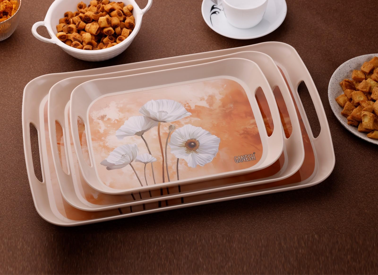 Ganesh Blosom Plastic Rectangular Serving Tray // Serving Tray with Handle // Serving Tray for Tea, Snacks, Breakfast, Dinner, D