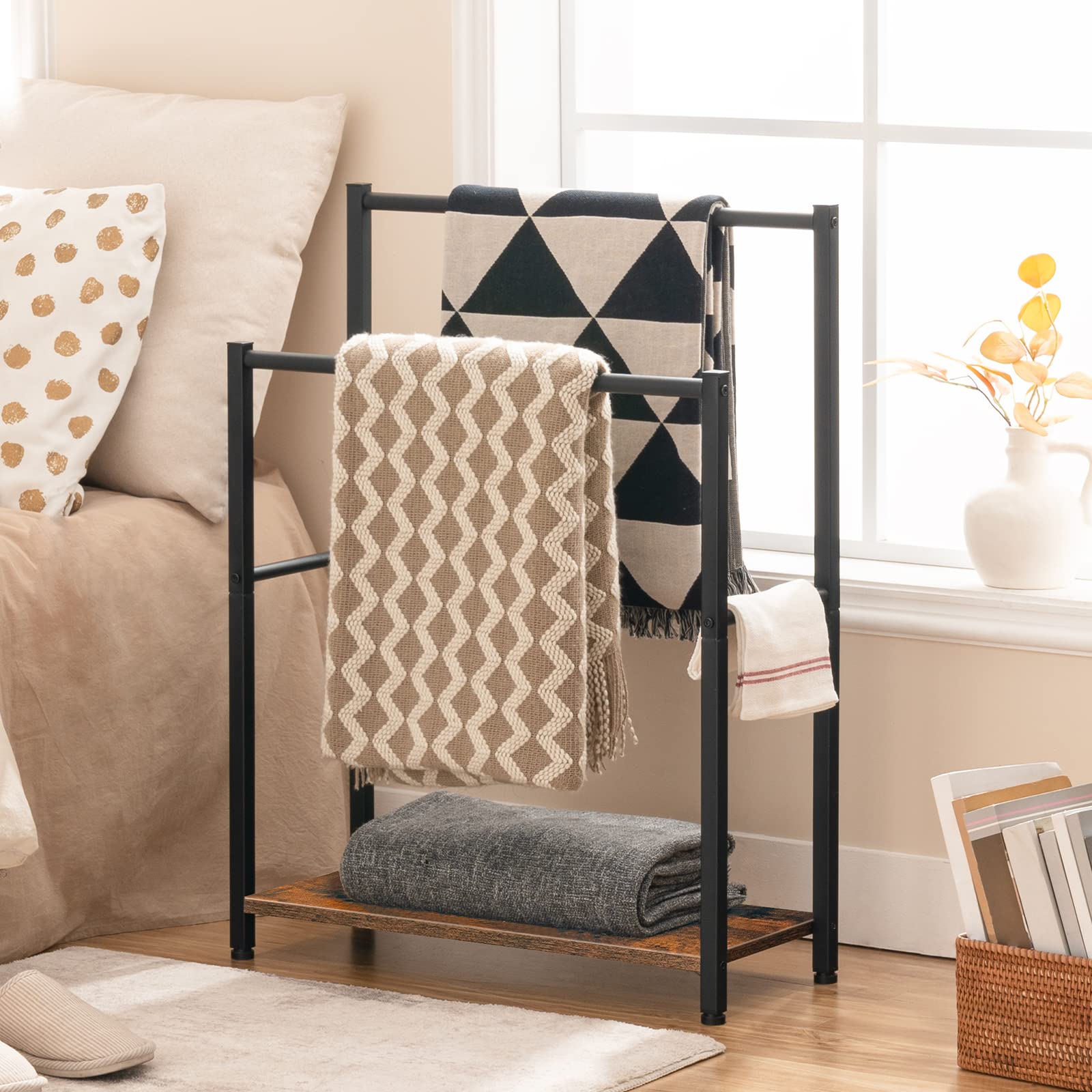 HOOBRO Freestanding Towel Rack  2 Tier Blanket Ladder Holder for Bathroom  Blanket Rack  22'' L x 9.4'' W x 31.5'' H  Industrial Drying and Display Rack with Shelf  Metal  Black BF04LB01