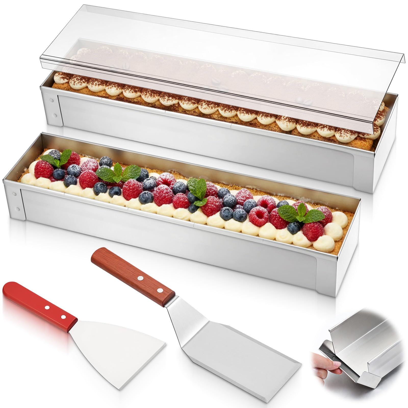 KongTiva 2 Pack Nonstick Rectangle Tiramisu Pan with Lid and Metal Spatula