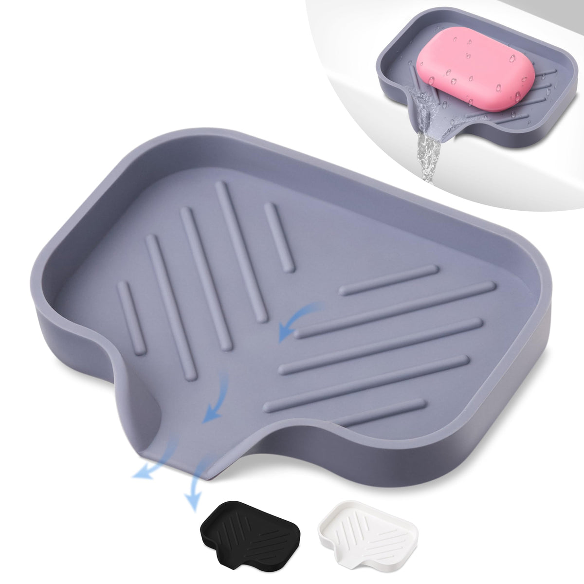 Silicone Soap Dish: Premium Gray Self-Draining Soap Bar Holder - Elegant Soap Dish For Shower & Bathroom Use - Versatile Soap Di