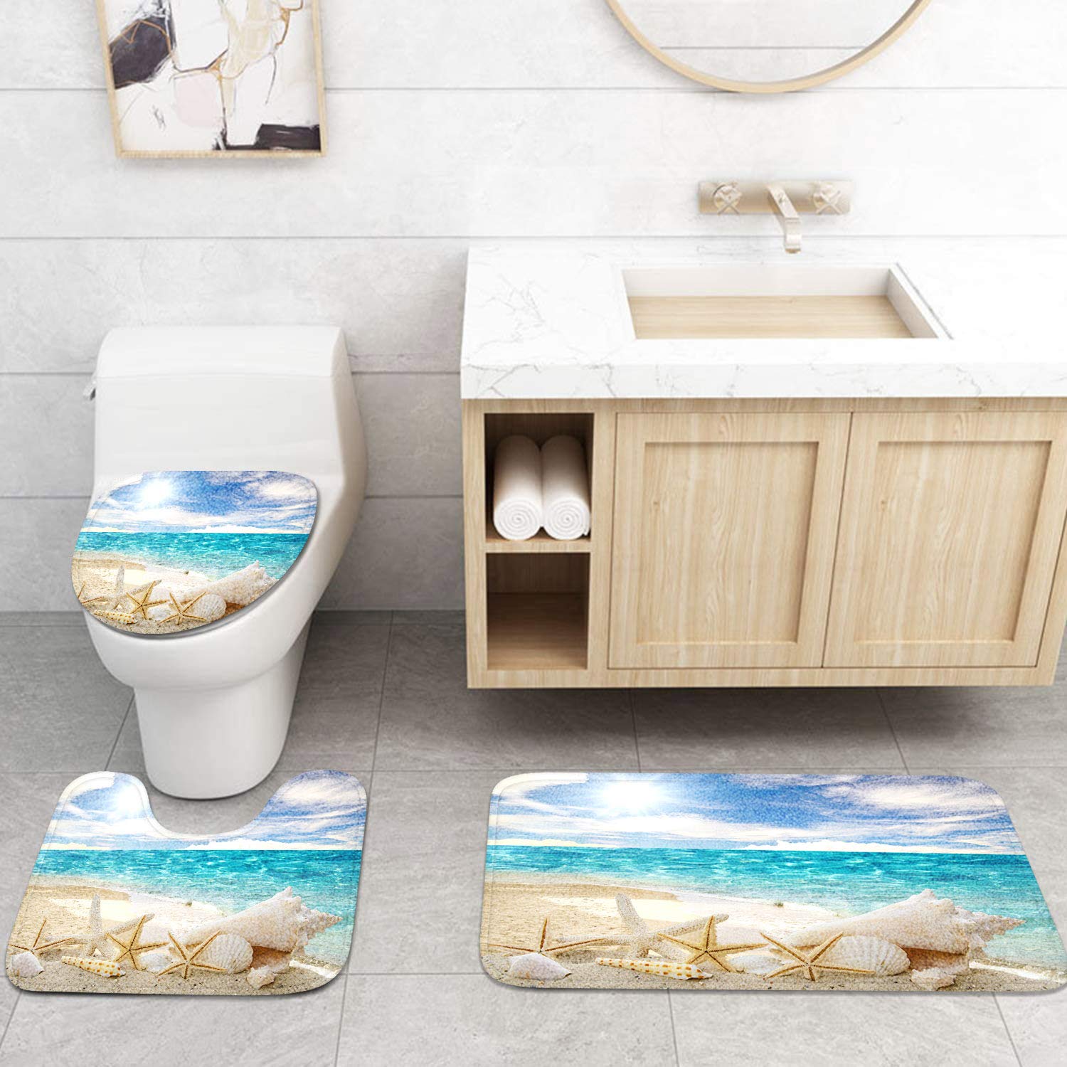 Britimes 4 Piece Shower Curtain Sets  with 12 Hooks  Ocean Starfish Seashells with Non-Slip Rugs  Toilet Lid Cover and Bath Mat  Durable and Waterproof  for Bathroom Decor Set  72'' x 72''