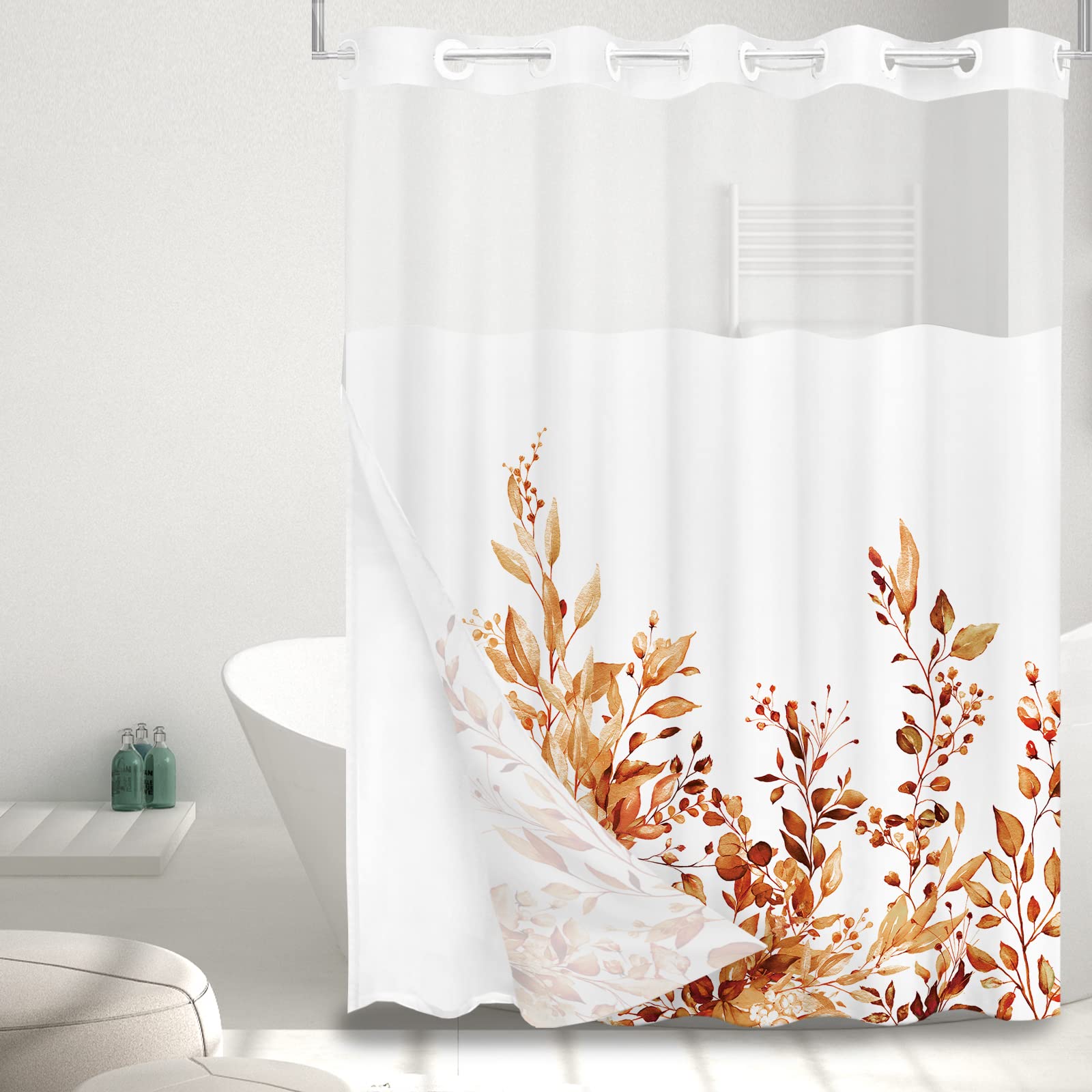 Tititex No Hooks Snap In Liner Orange Eucalyptus Leaves Shower Curtain Sets, Hotel Luxury Double Layers Waterproof Fabric & See-