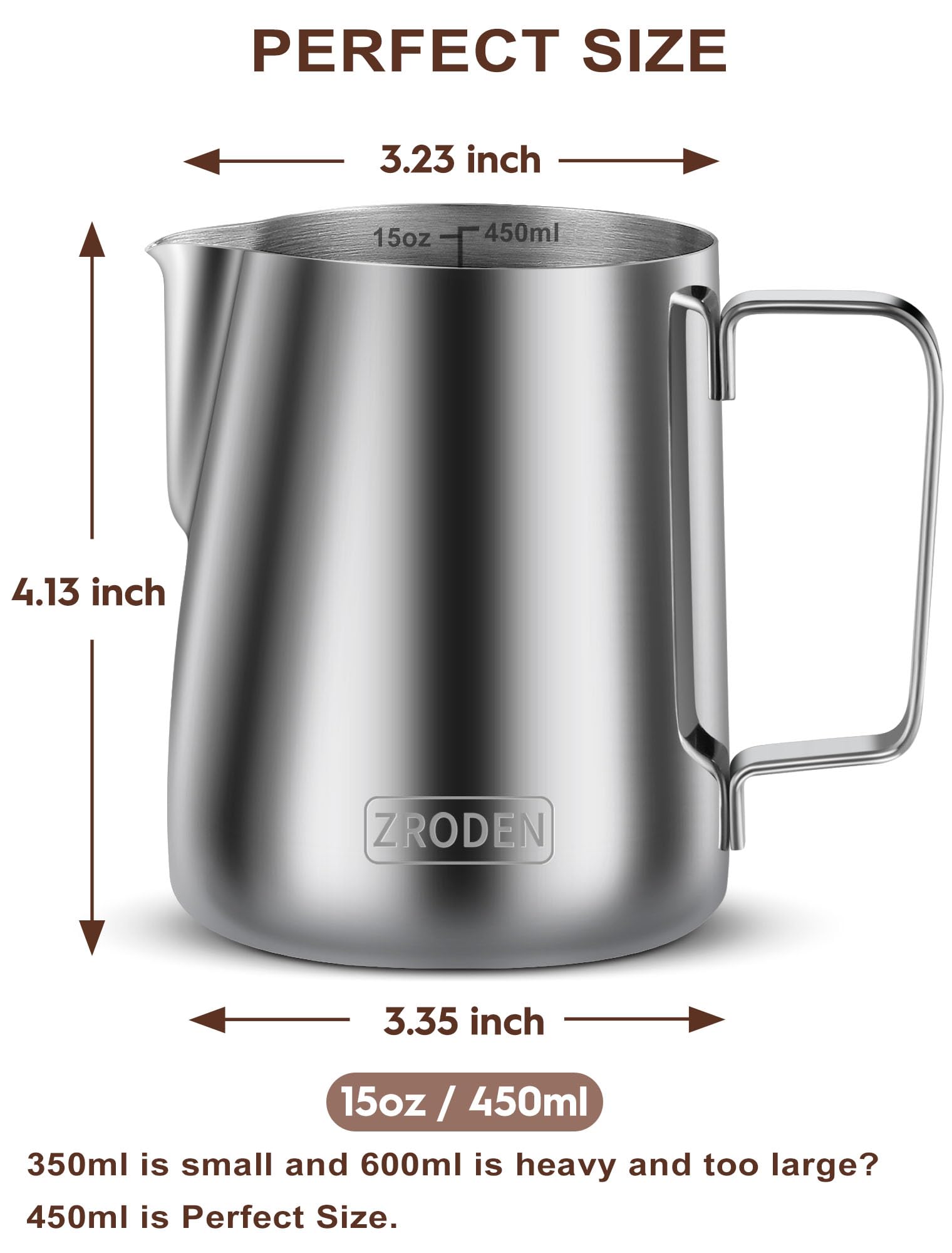 Milk Frothing Pitcher, 15Oz 450Ml Espresso Steaming Pitchers Stainless Steel Cappuccino Coffee Machine Accessories Barista Tools