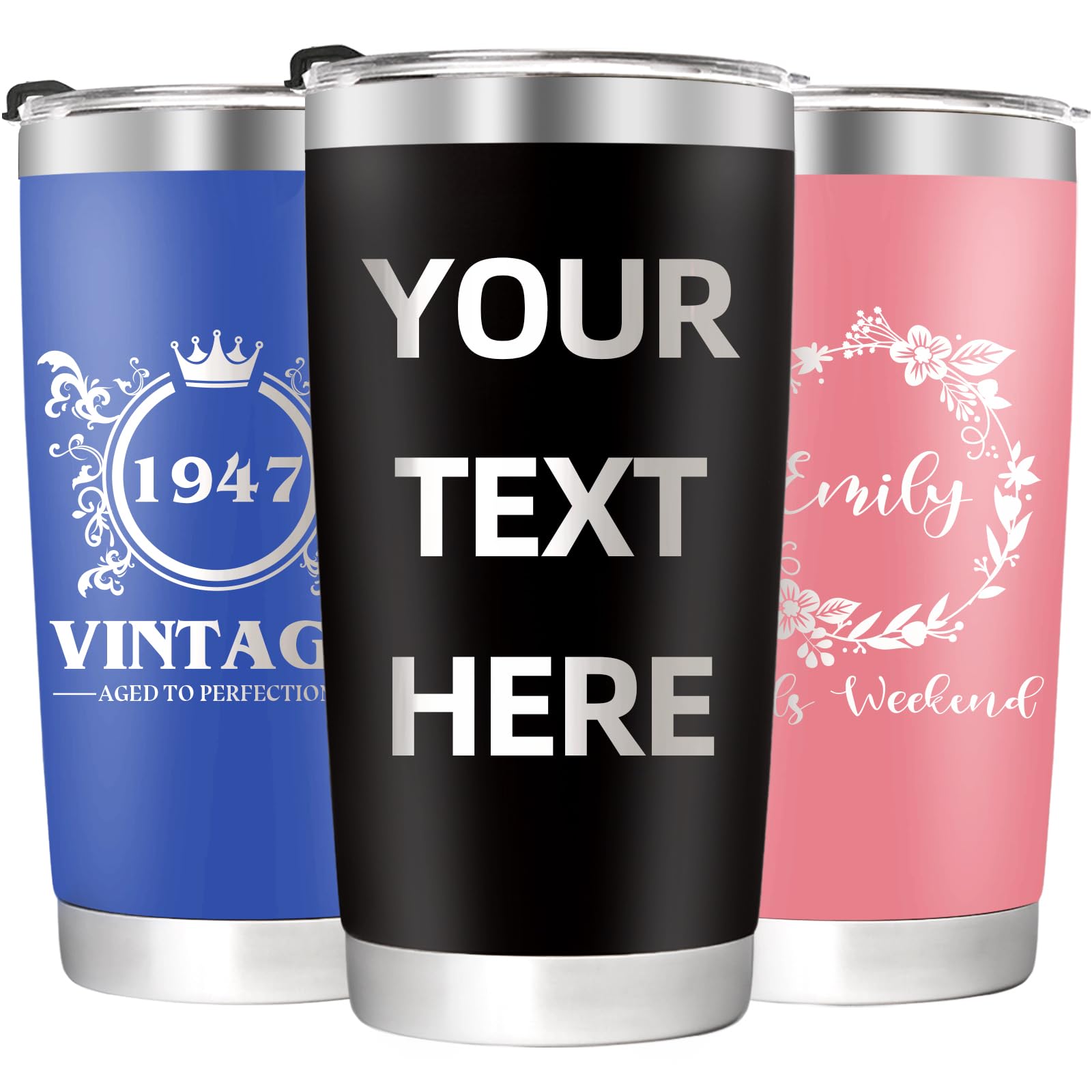 Personalized Tumbler with Text 9 Designs 10 Colors - Vacuum Insulated Travel Tumbler with Lid & Straw 20 Oz Custom Birthday Chri