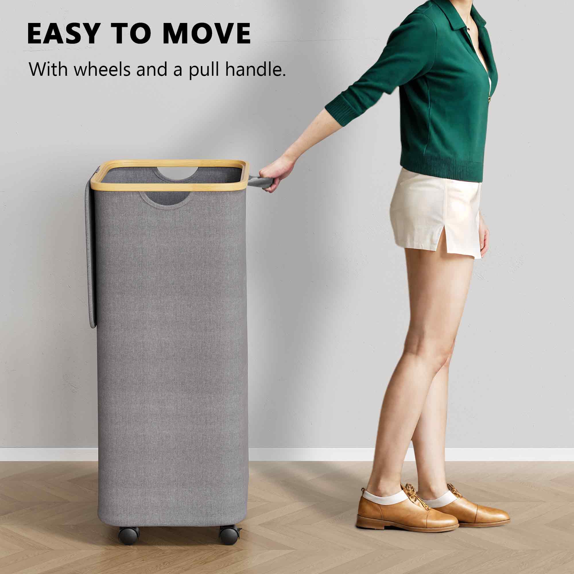 SpaceAid Rolling Laundry Hamper, 26 Gal (100L), Grey, with Wheels & Bamboo Handle, Model LH-08R, Ideal for Bedroom & Laundry Room