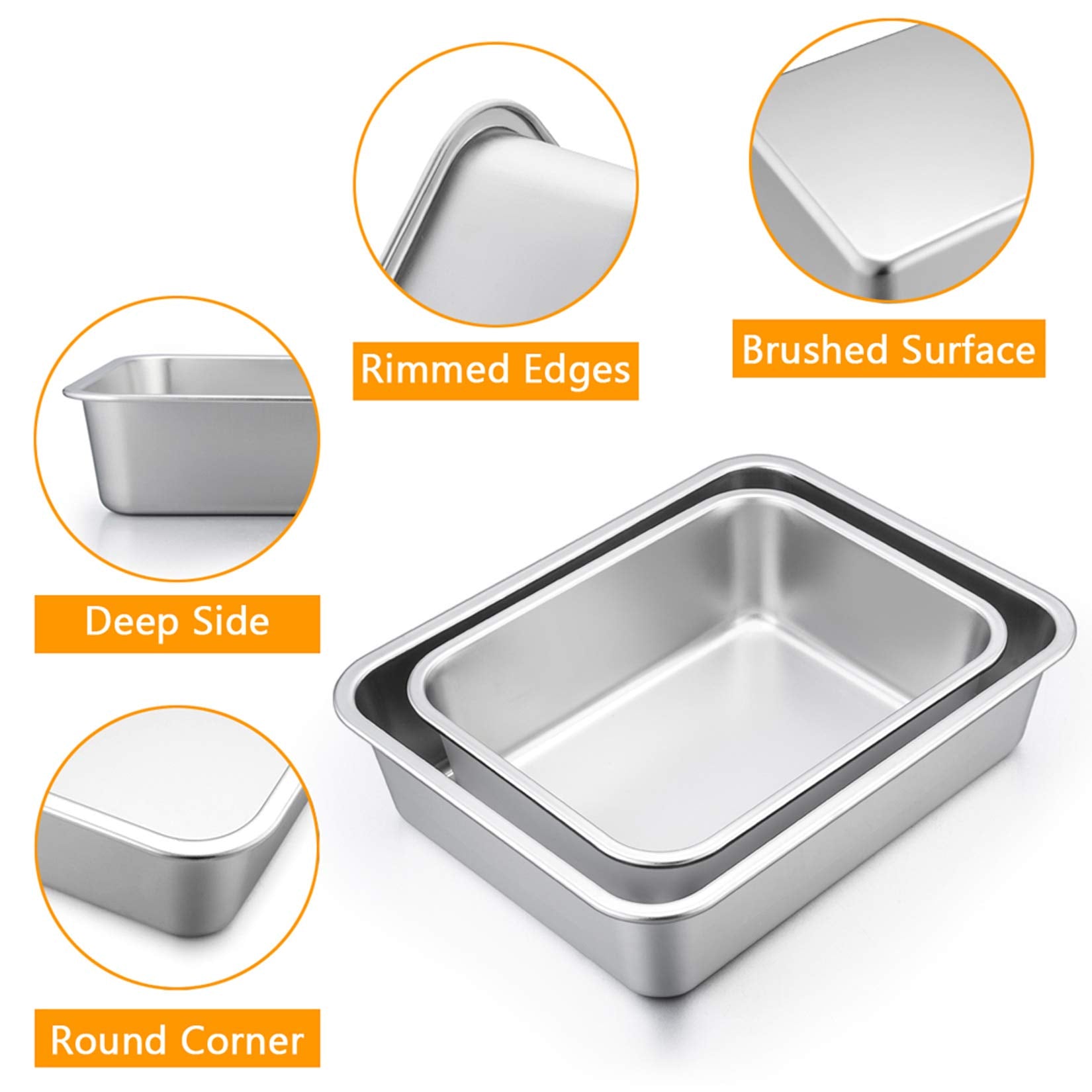 P&P Chef Deep Lasagna Pan Set (12.7 & 10.7 Stainless Steel Rectangular Baking Pan For Brownie/Cake/Meat, Non-Toxic & Heavy Duty,