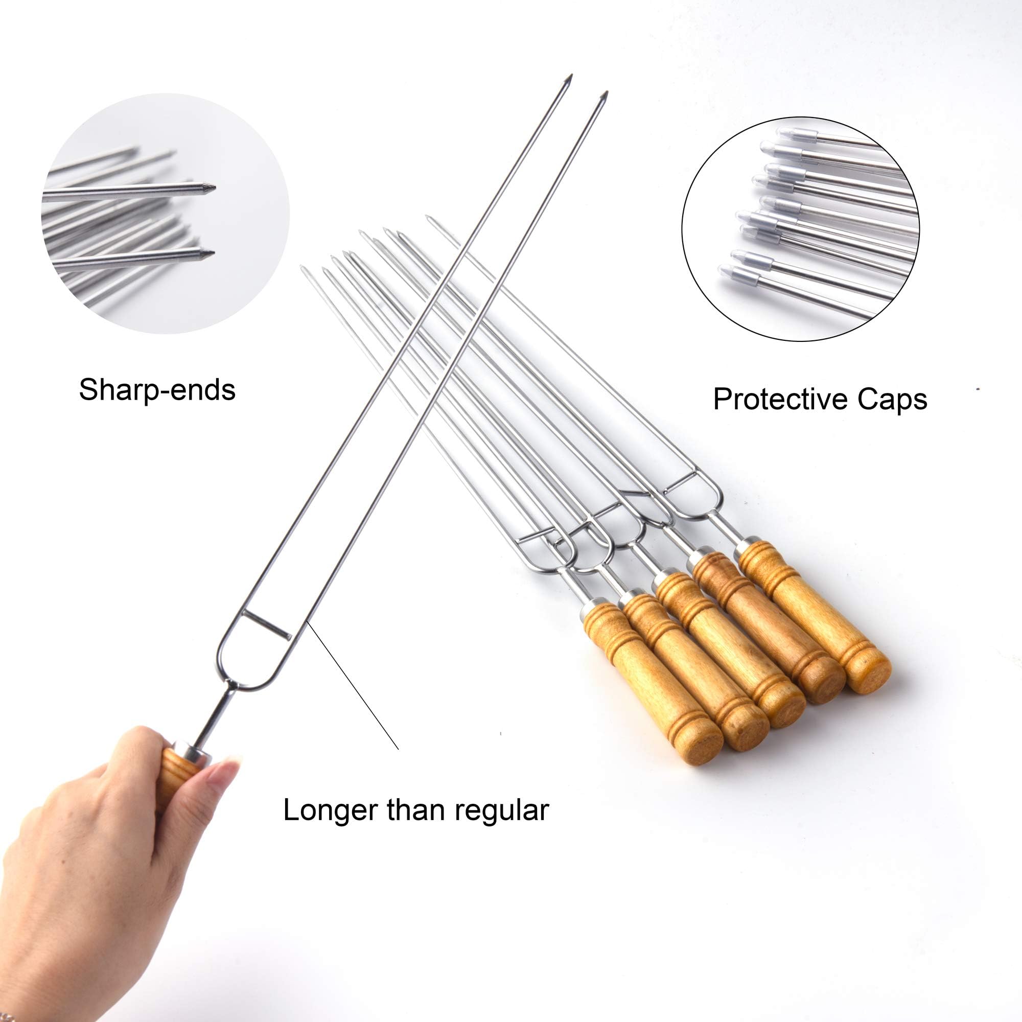 Imeea Double Skewers For Grilling Thickened Barbeque Skewers Stainless Steel Skewers For Kabobs Bbq Stick With Wood Handle, 16.5