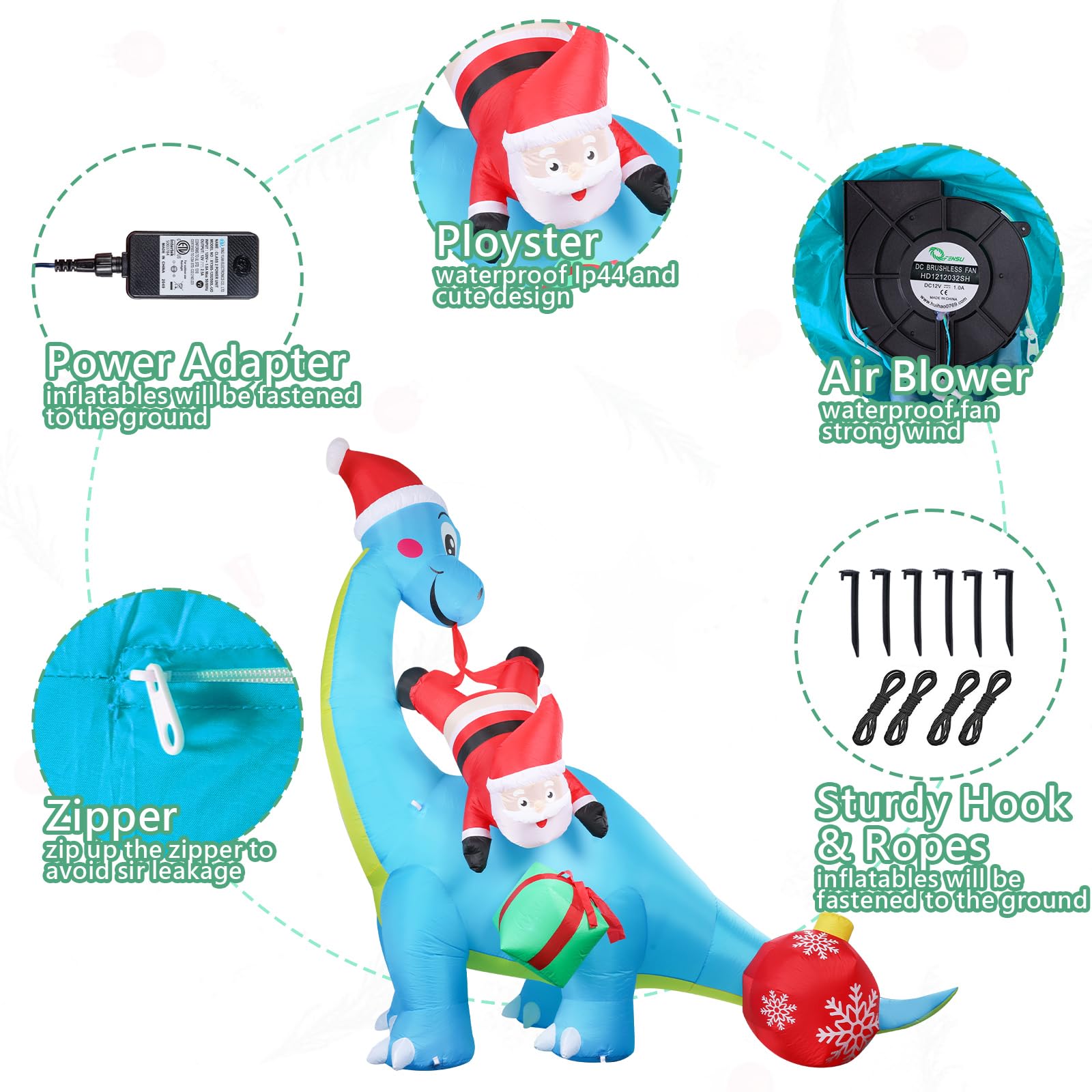 MUMTOP 10 FT Christmas Inflatables Giant Dinosaur with Santa, Blow Up Outdoor Decorations with LED Lights Built-in for Holiday P