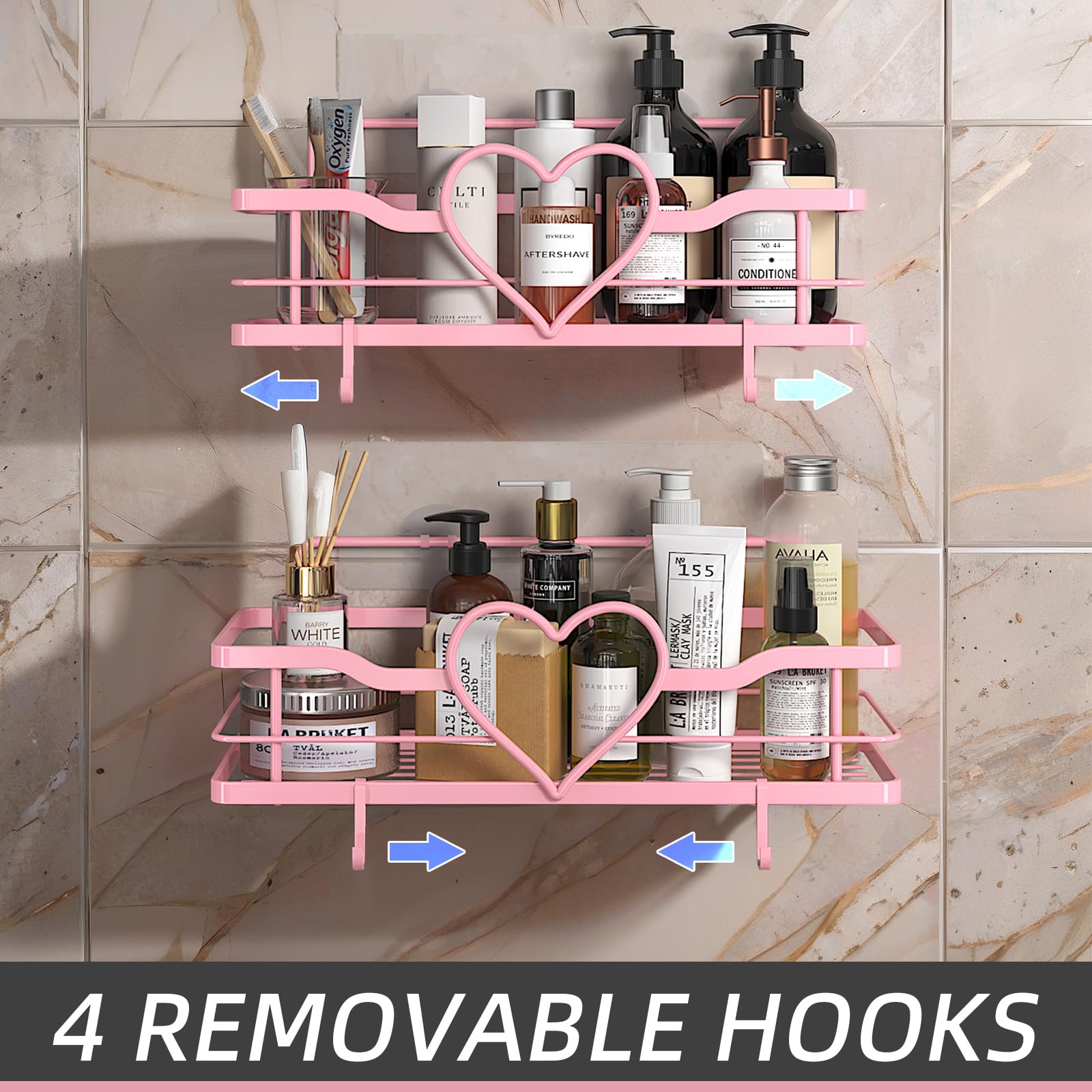 Flcity Pink Shower Caddy With 4 Removable Hooks, 2 Pack Sweet Heart Shower Shelves,No Drilling Adhesive Organizer Shelf For Bath