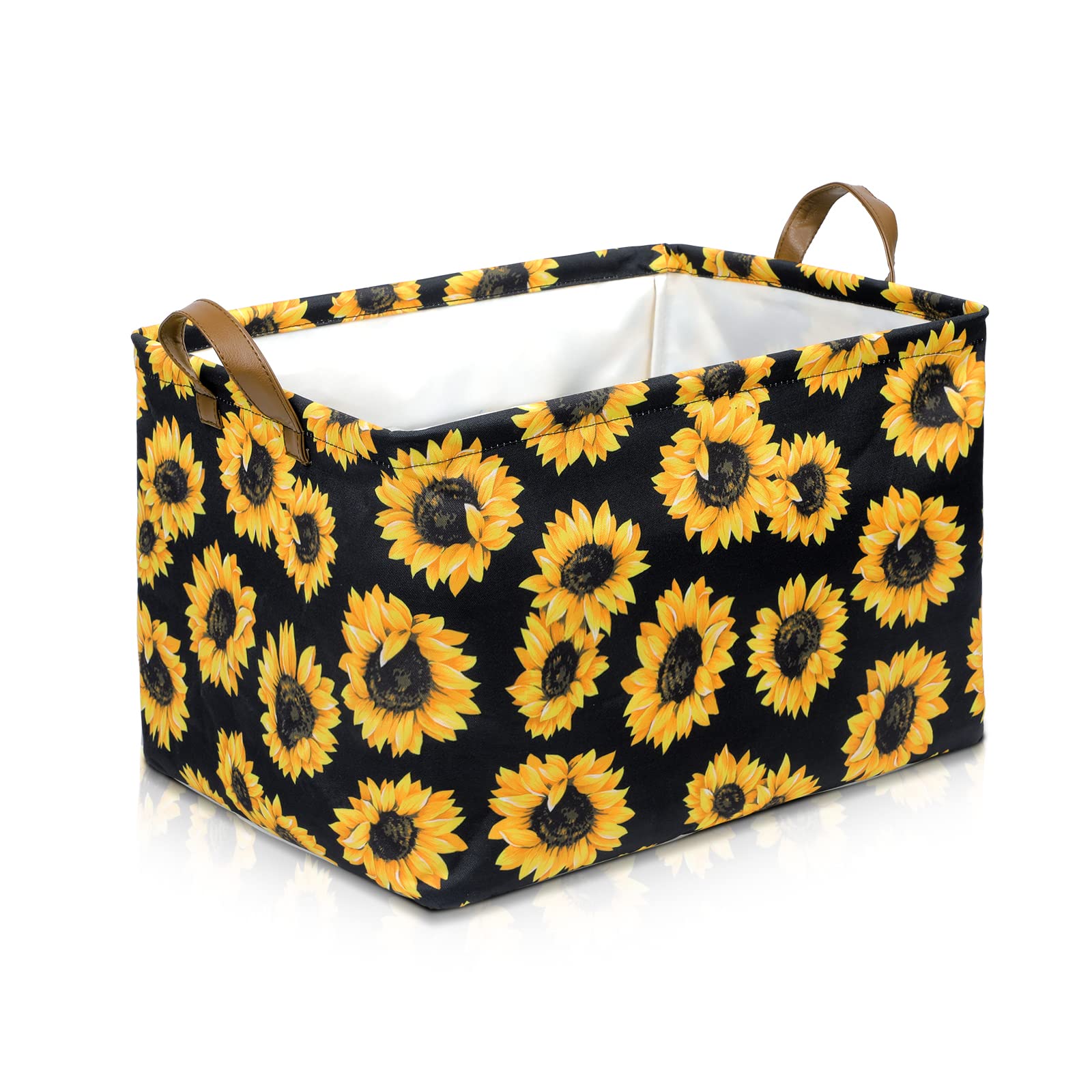 Sunflowers Storage Bin Basket Collapsible With Leather Handles Waterproof Canvas Storage Cube Box For Closet Toys Clothes Nurser