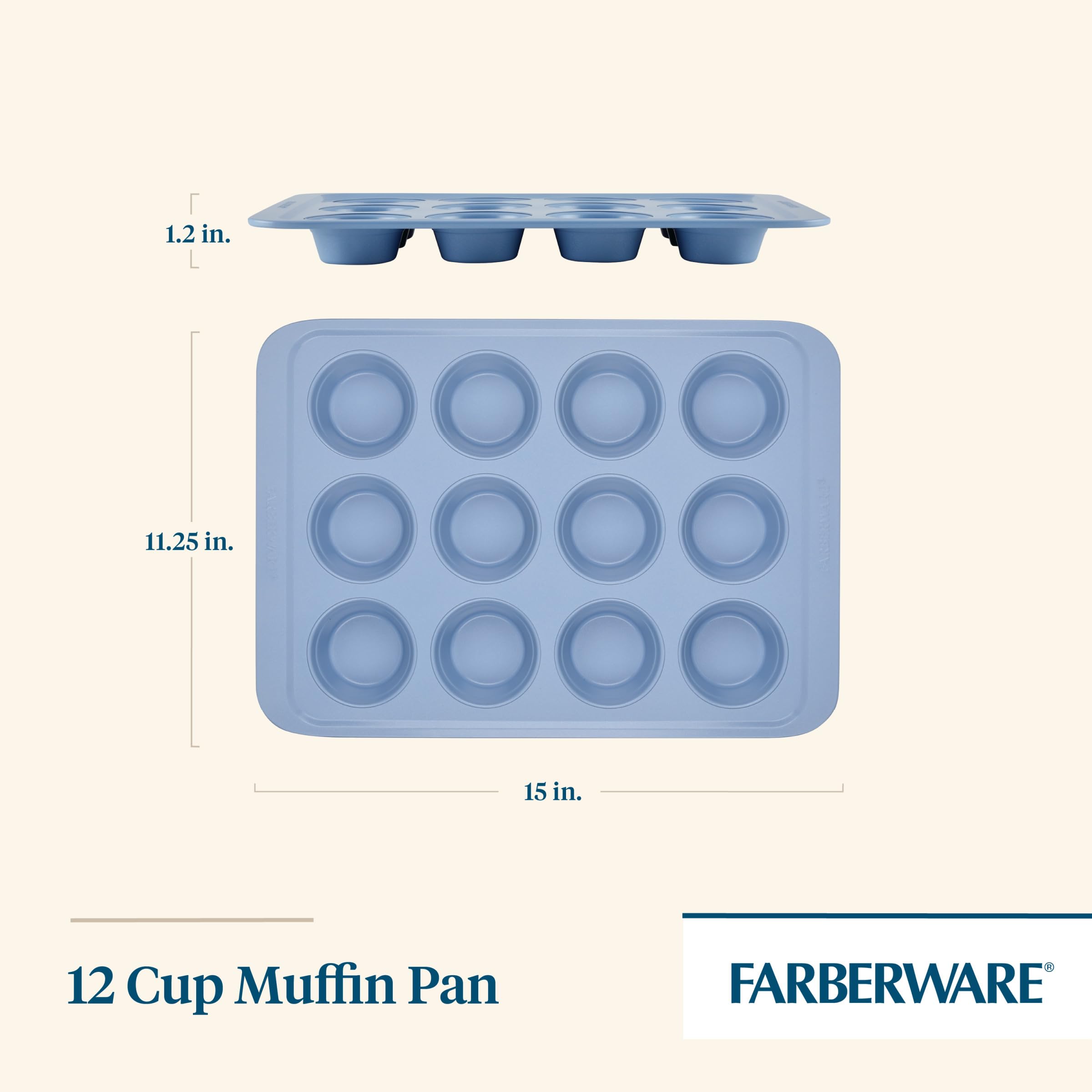 Farberware Muffin Pan, 12-Cup Nonstick Bakeware, Steel, Blue, Model 48793