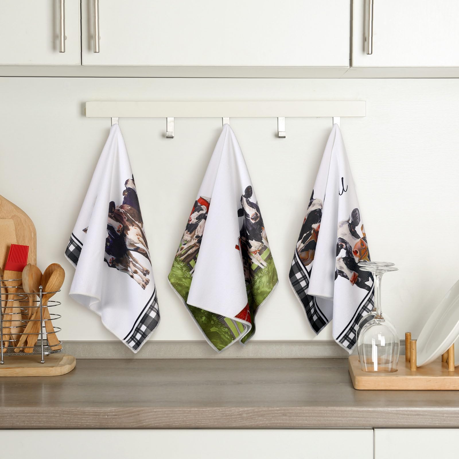 Bencailor 6 Pcs Cow Kitchen Towels Farm Animal Dish Towels 24'' X 16'' Farm Cow Buffalo Plaid Hand Towels Farmhouse Absorbent Te