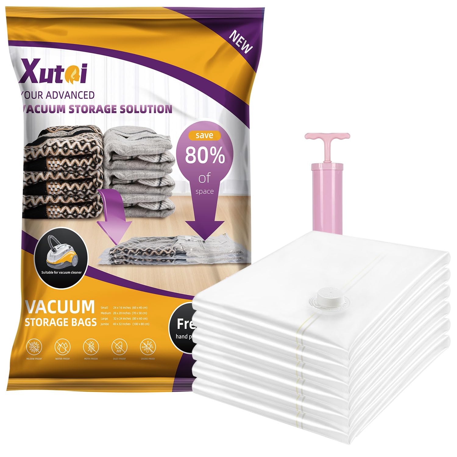 Xutai Vacuum Storage Bags  6 Medium Space Saver Bags Vacuum Storage Bags With Pump, 80% More Storage! Extra Large Storage Bags 
