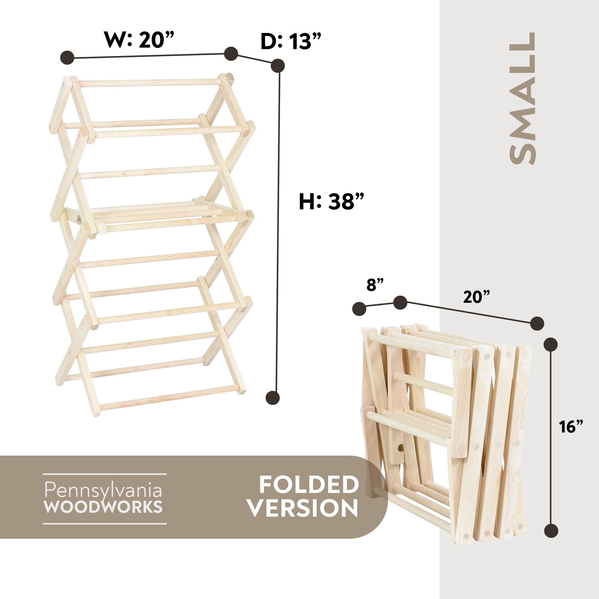 Pennsylvania Woodworks Clothes Drying Rack: Solid Maple Hard Wood Laundry Rack for Baby Clothes  Hand Towels  Delicates & More  Durable Small Folding Drying Rack  Made in USA  No Assembly Needed