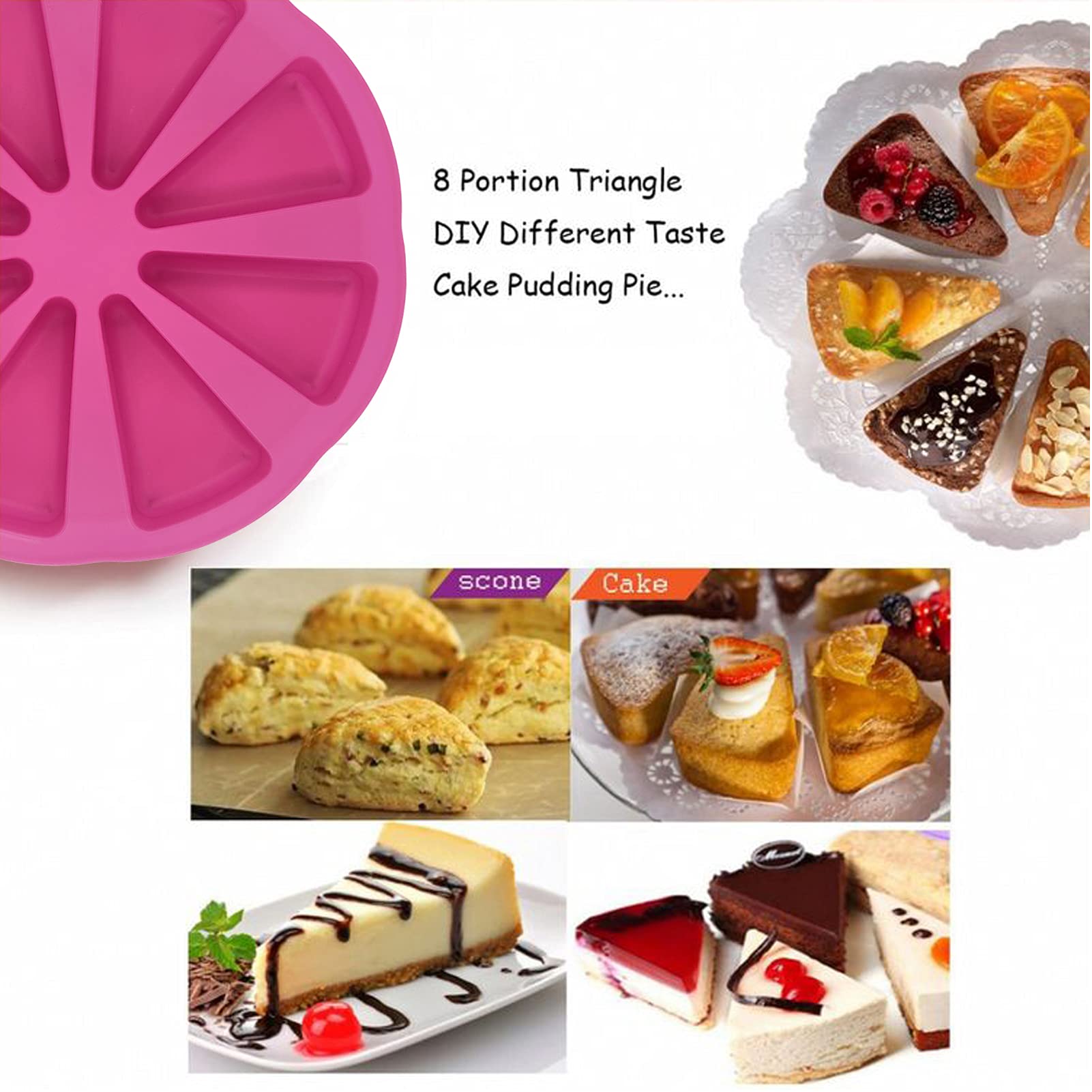 Meajore 2 Pcs Silicone Cake Scone Pan,Triangle 8 Cavity Pizza Cake Pan,Internal Diameter 4 Inch Cake Pan For Brownies Muffins,Ch