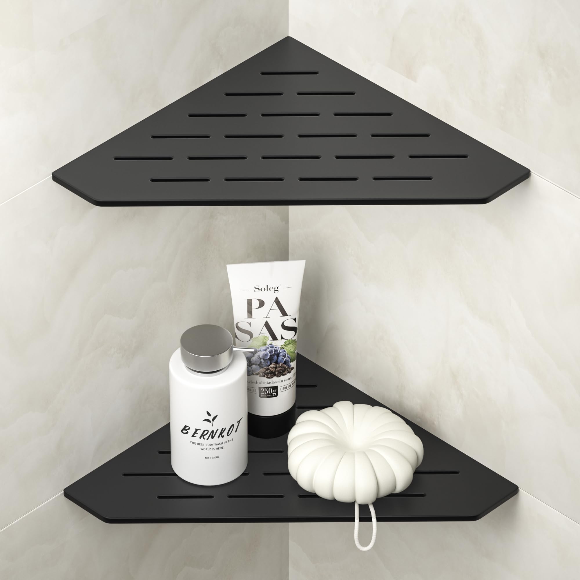 Bernkot Corner Shower Shelf 10'' Matte Black 304 Stainless Steel Pentagonal Heavy Duty Floating Corner Sheves Slot Design Recess