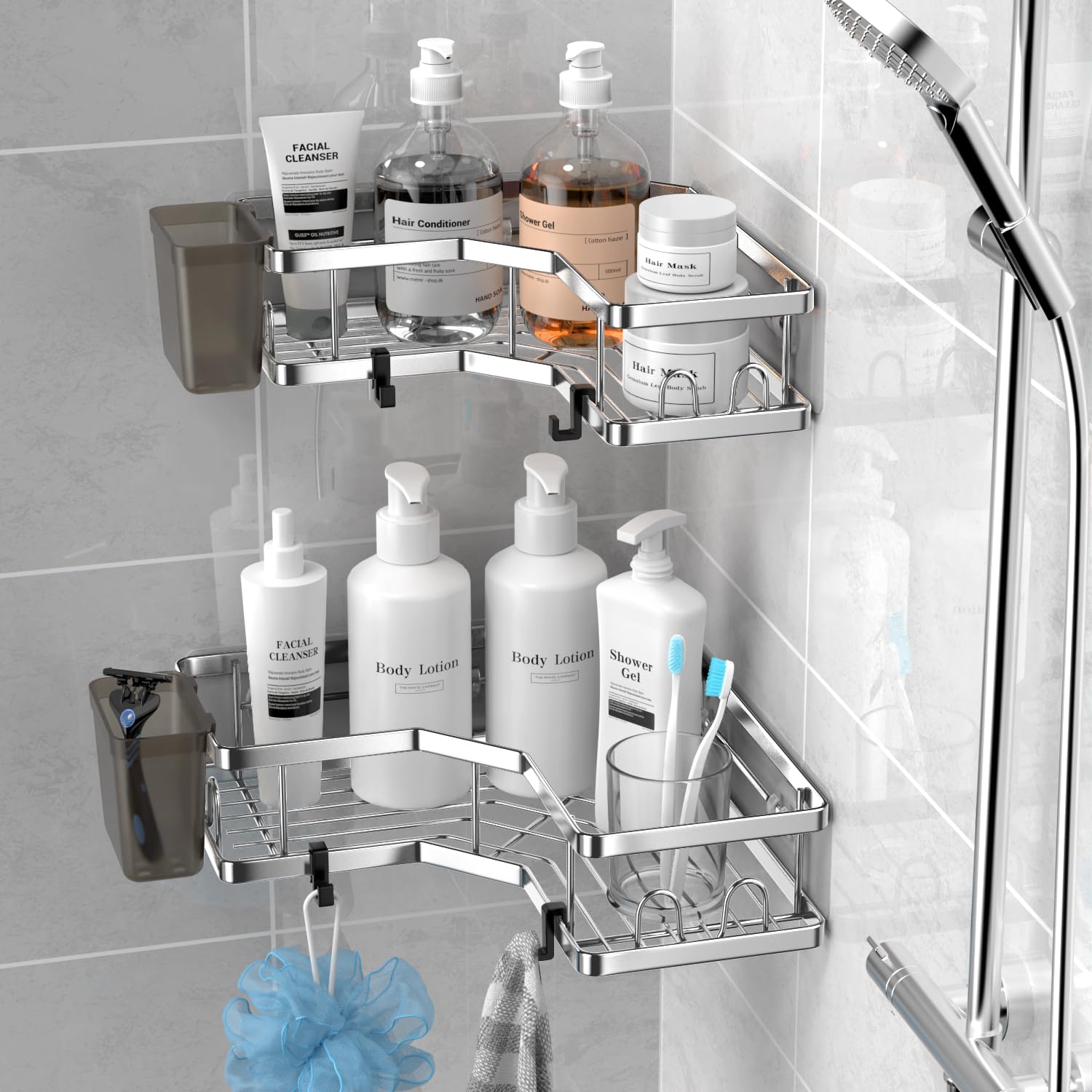 Aktecke Corner Shower Caddy Shelf Rack: 2 Pack Adhesive Shower Organizer Essentials - No Drilling Stainless Steel Shower Storage