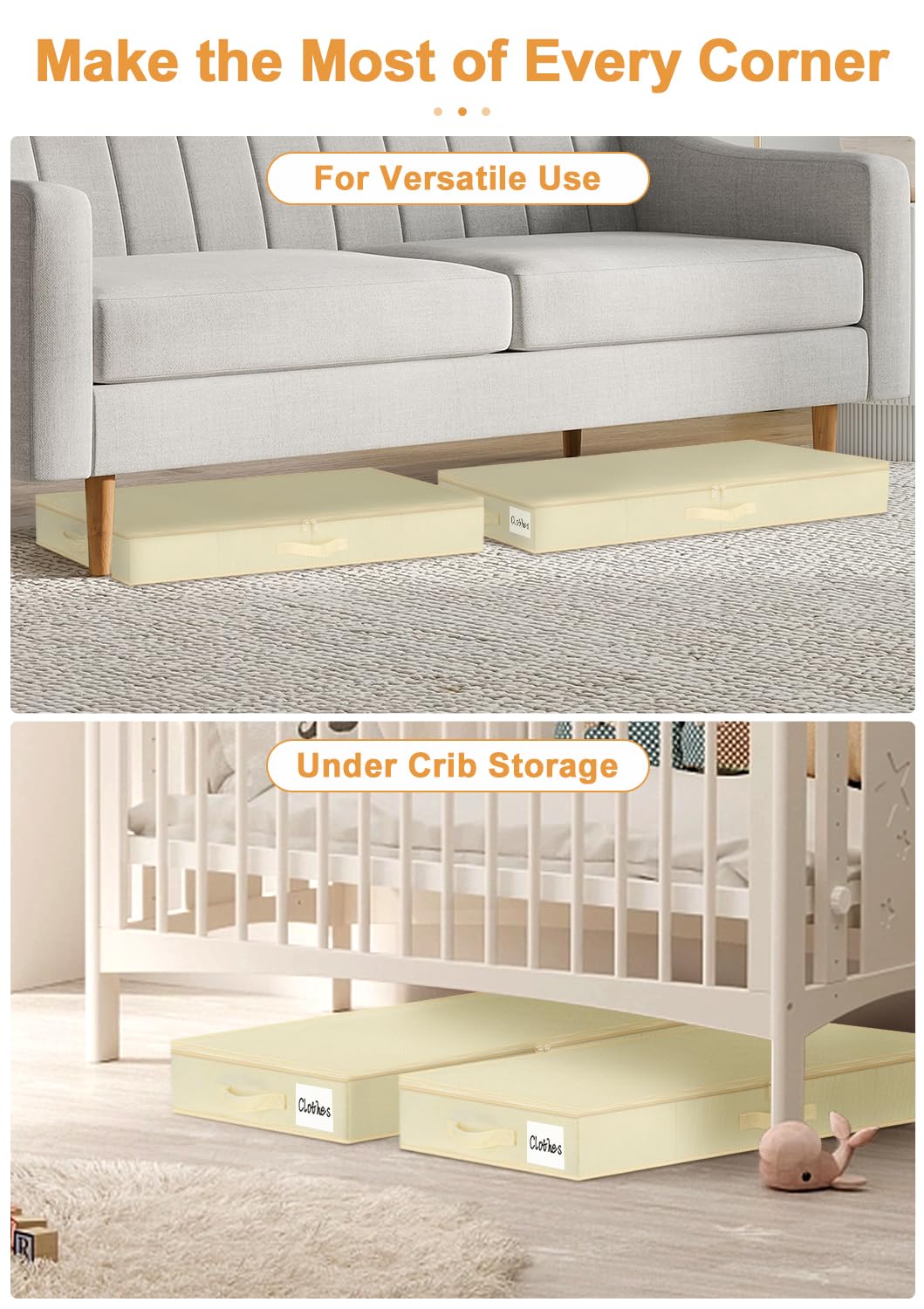 punemi 4.5 Inch Tall Low Profile Under Bed Storage Containers Bins, 2Pcs Shallow Flat Underbed Clothes Storage With Sturdy Struc