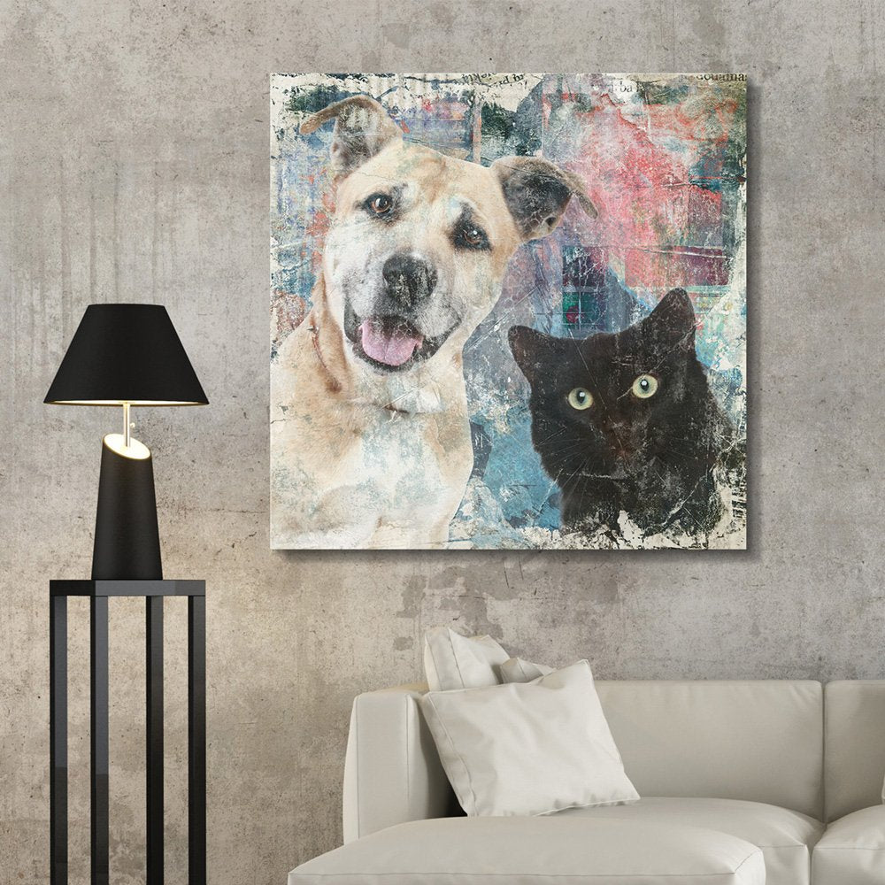 Wall26 Square Cat Series Canvas Wall Art - A Dog And A Cat On Grunge Background - Giclee Print Gallery Wrap Modern Home Art Read