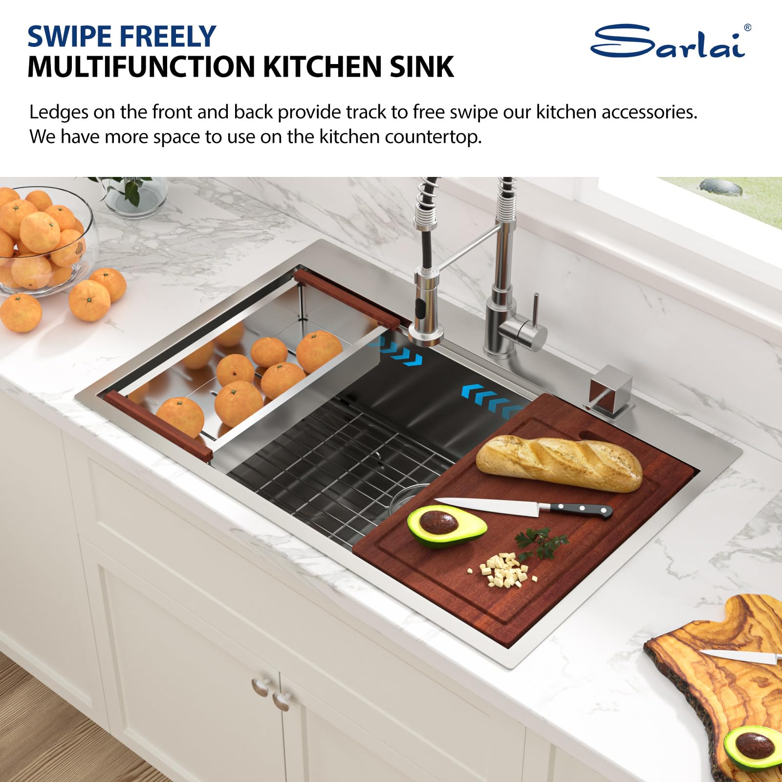 Sarlai Drop In Kitchen Sink - 33X22 Drop In Kitchen Sink Ledge Workstation 16 Gauge Stainless Steel Topmount Deep Single Bowl Ov