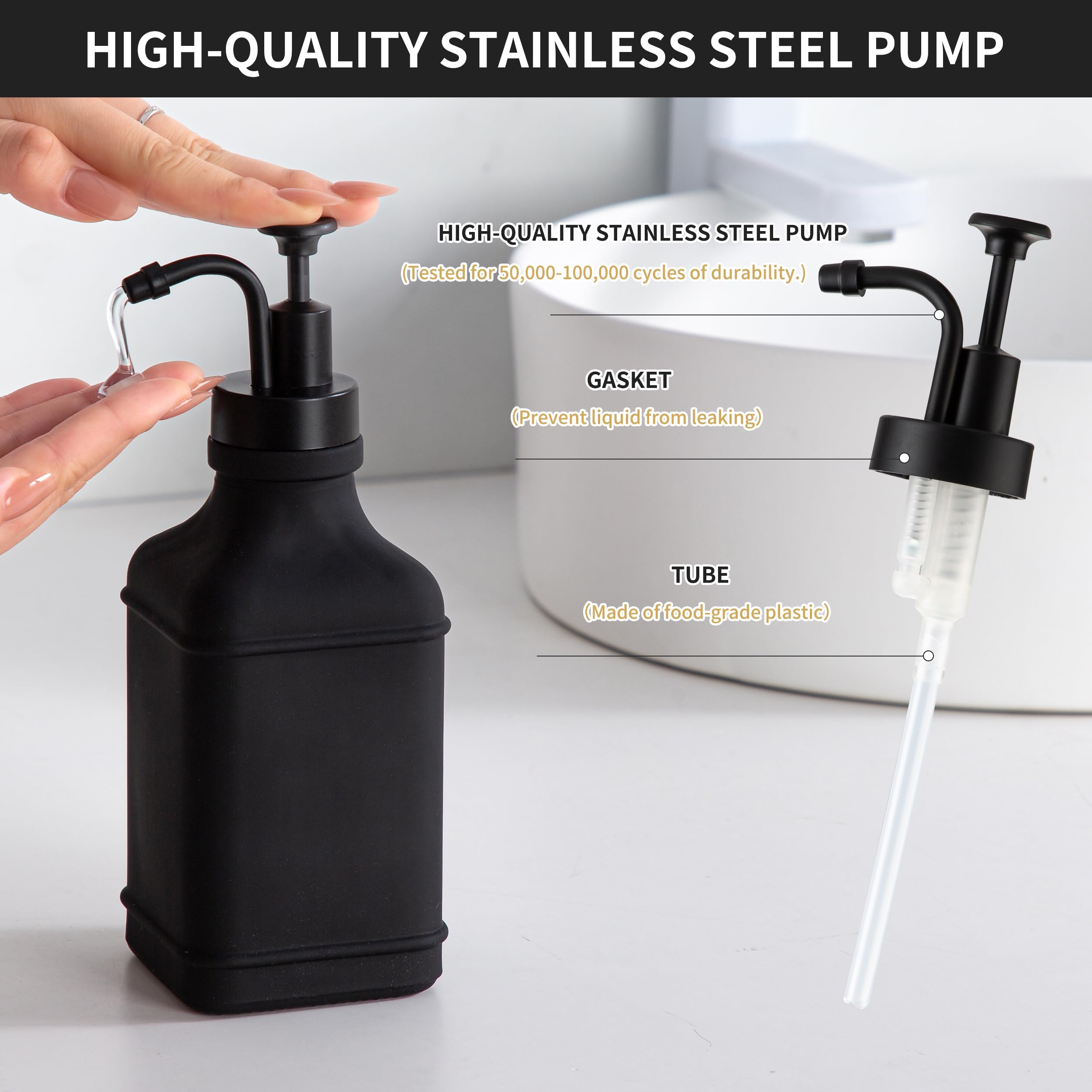 Enra Glass Soap Dispenser,17Oz Black Bathroom Soap Dispenser,Hand Liquid Soap Dispensers With Stainless Steel Pump,Refillable Di