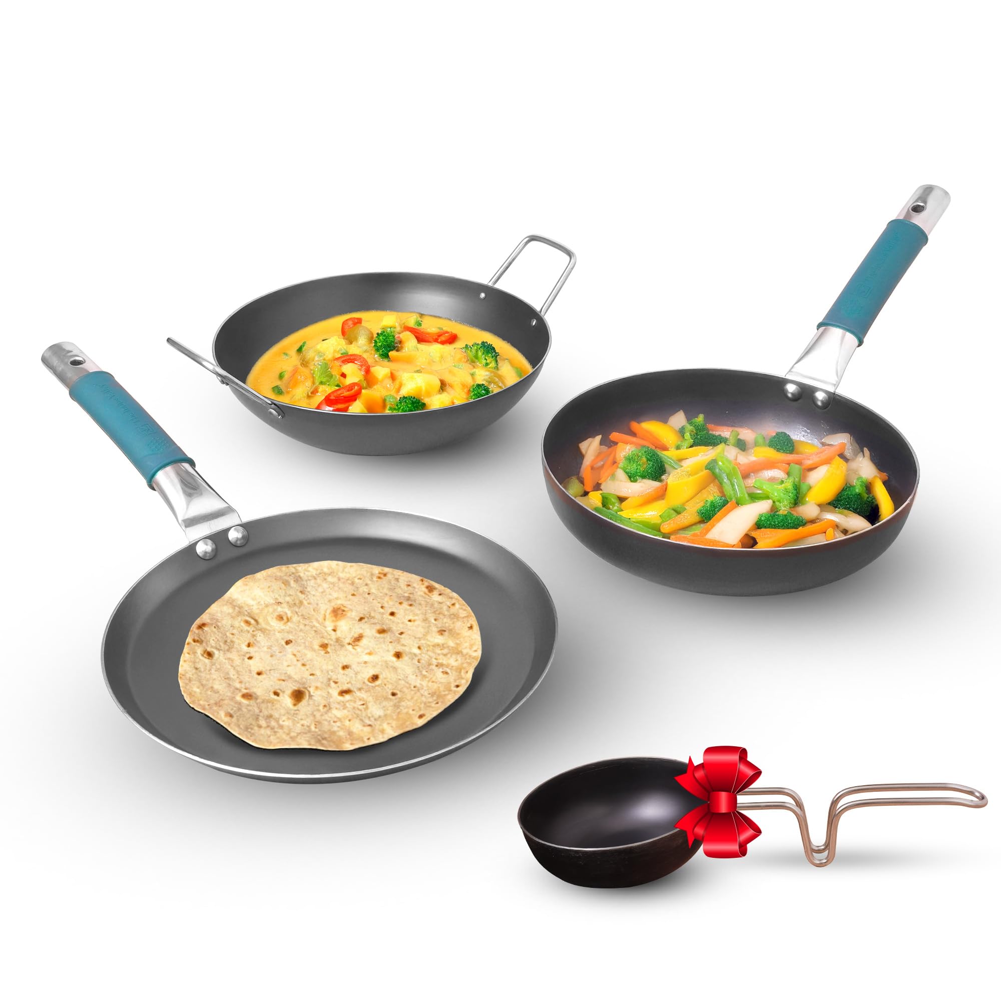 The Indus Valley Pre-Seasoned Iron Cookware Set + Free Iron Tadka Pan | Tawa(10.2 Inch), Fry Pan(10 Inch), Kadai(10 Inch) | Kitc