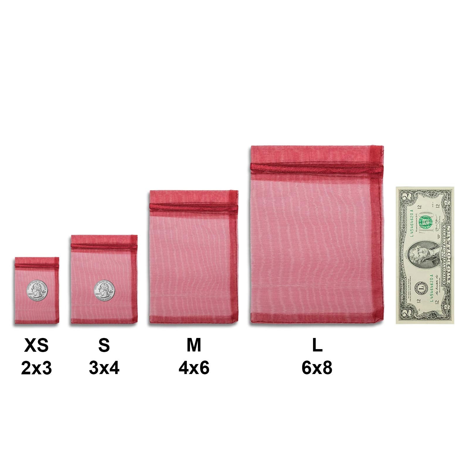Thedisplayguys 100-Pack Xs 2 X 2 3/4'' Maroon Sheer Organza Gift Bags With Drawstring, Jewelry Candy Treat Wedding Party Favors