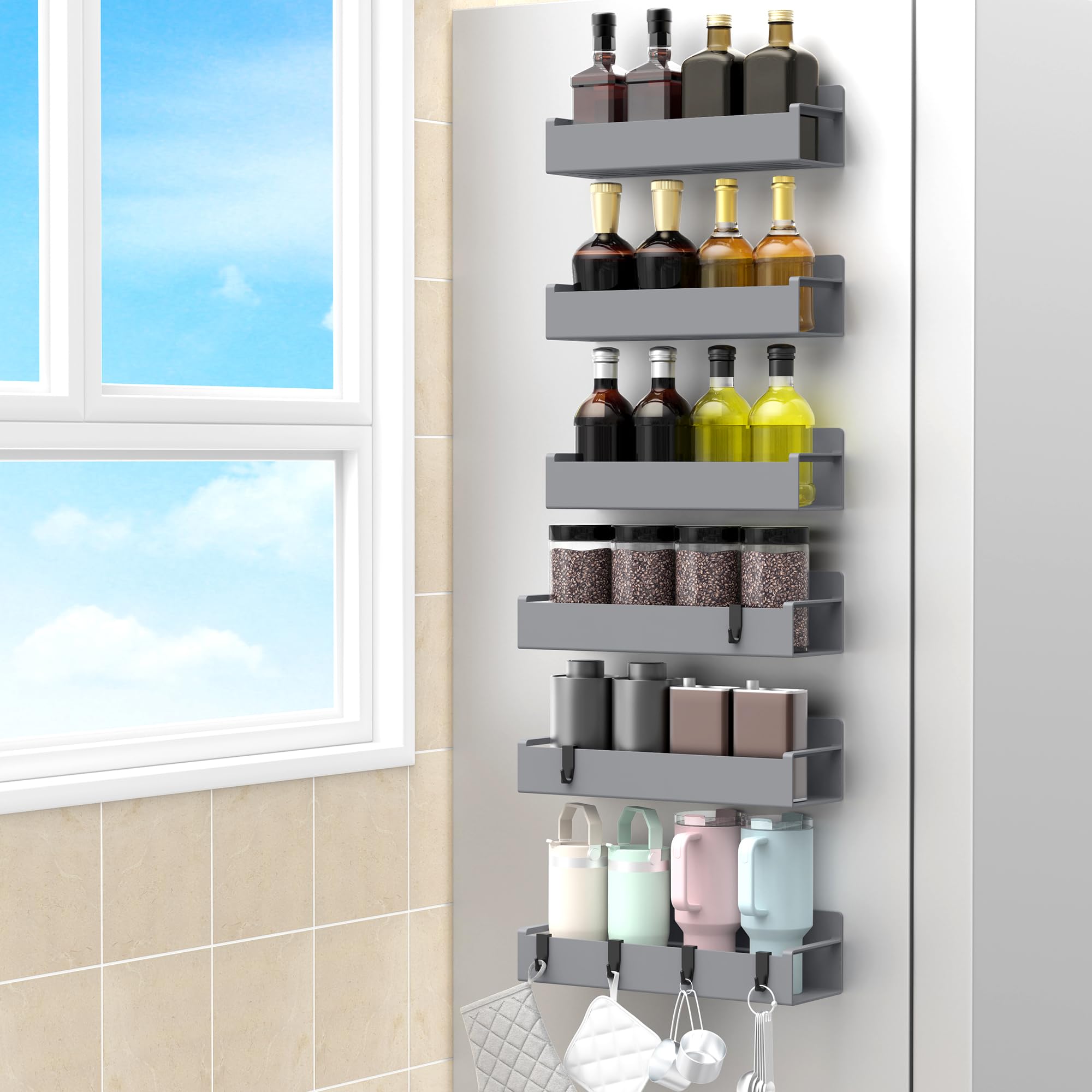 HuggieGems 6 Pack Magnetic Spice Rack Organizer for Refrigerator and Oven, Dark Grey Fridge Organizers and Storage for Kitchen