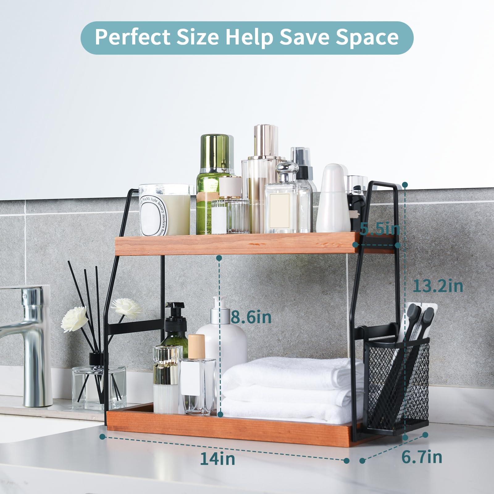 Uneviesyka Bathroom Counter Organizer - 2-Tier Wood Storage Shelf, 14"x6"x13", Brownish, Model 2T-YSJ-Brownish