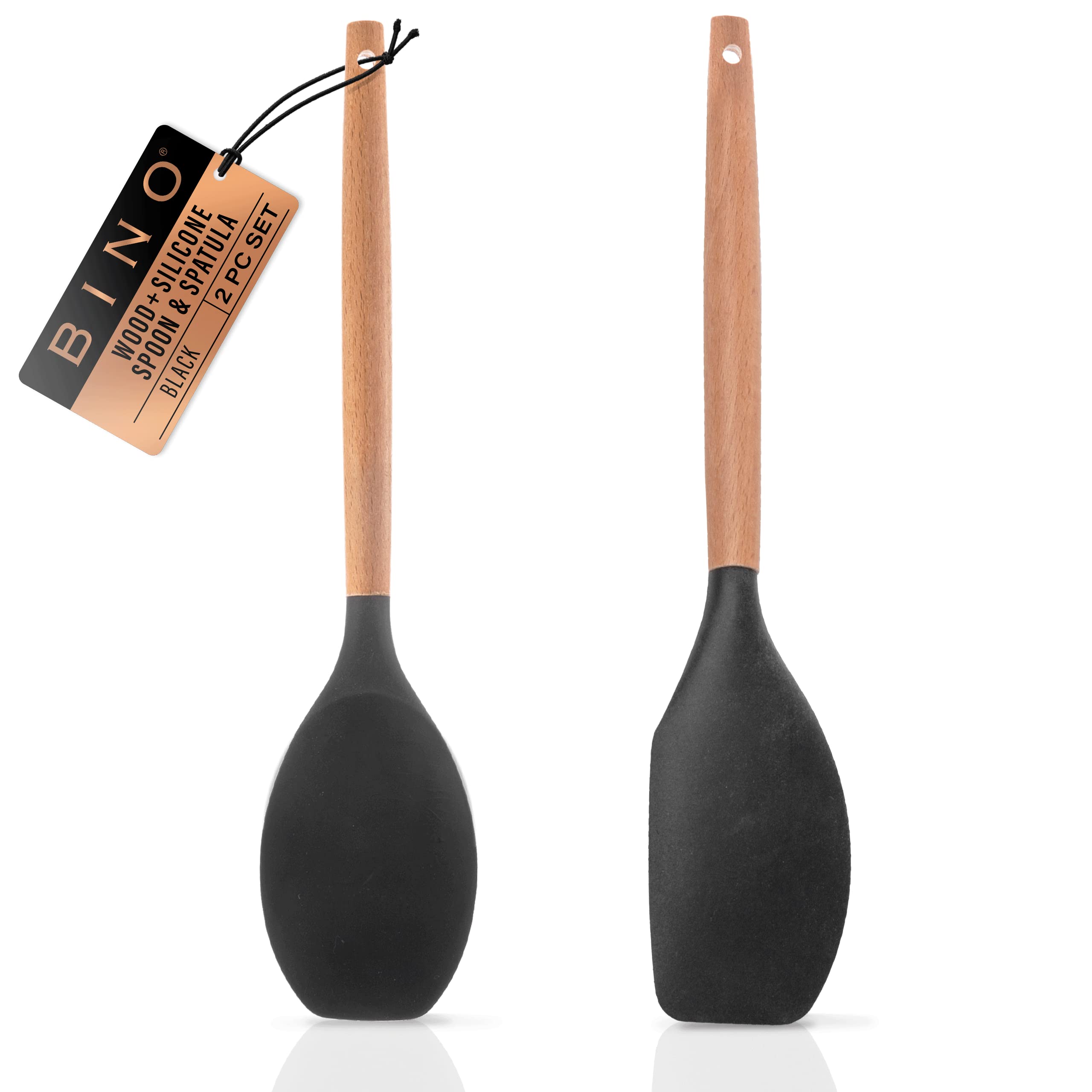 Bino 2-Piece Wooden Handle Silicone Mixing Spoons & Spatulas Set - Black | Heat Resistant Kitchen Utensils For Nonstick Cookware