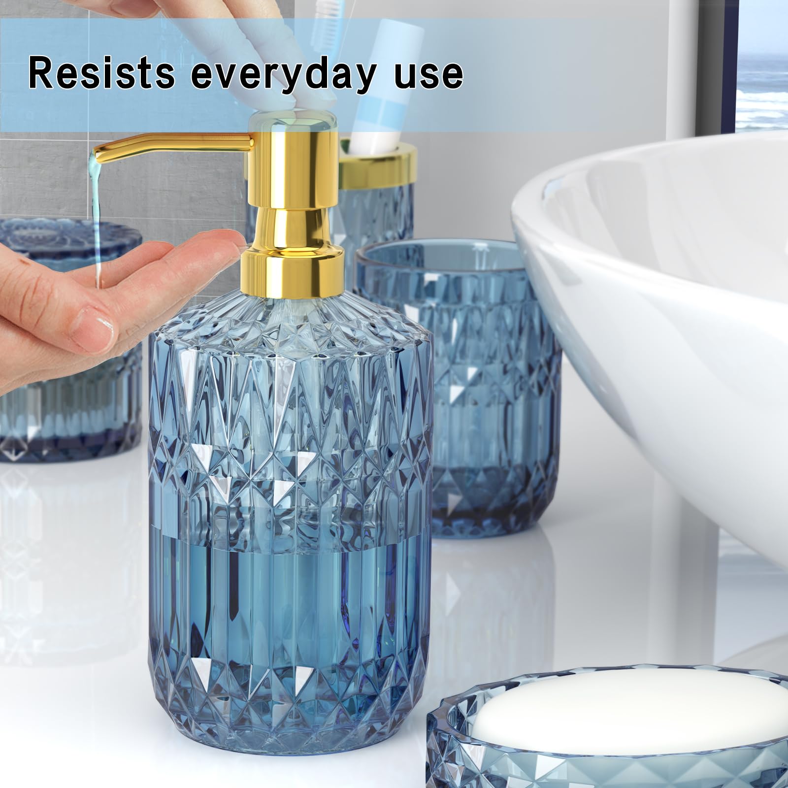 Blue Bathroom Accessories Set, 5 Pcs Clear Glass Bathroom Accessories With Lotion Soap Dispenser, Soap Dish, Toothbrush Holder,