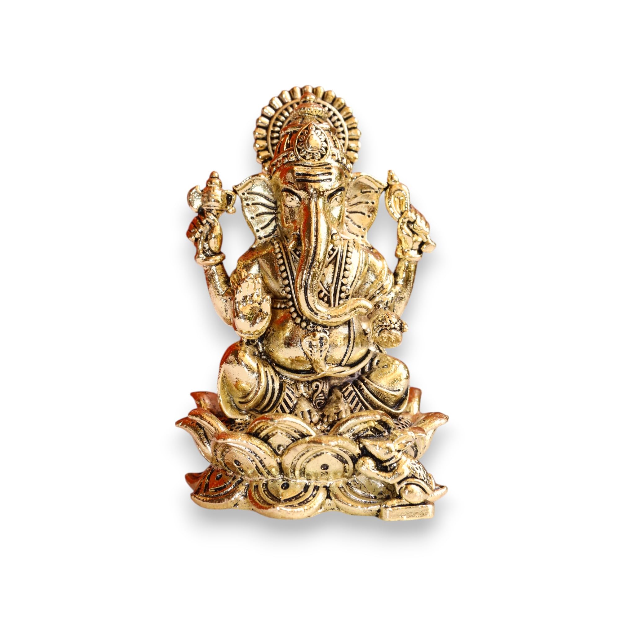 Raisom Antique Finish Pure Brass Ganesh Idol Sitting On Lotus | Mangalkari Ganapati God For Home Decor, Daily Use, Gifting, Hous